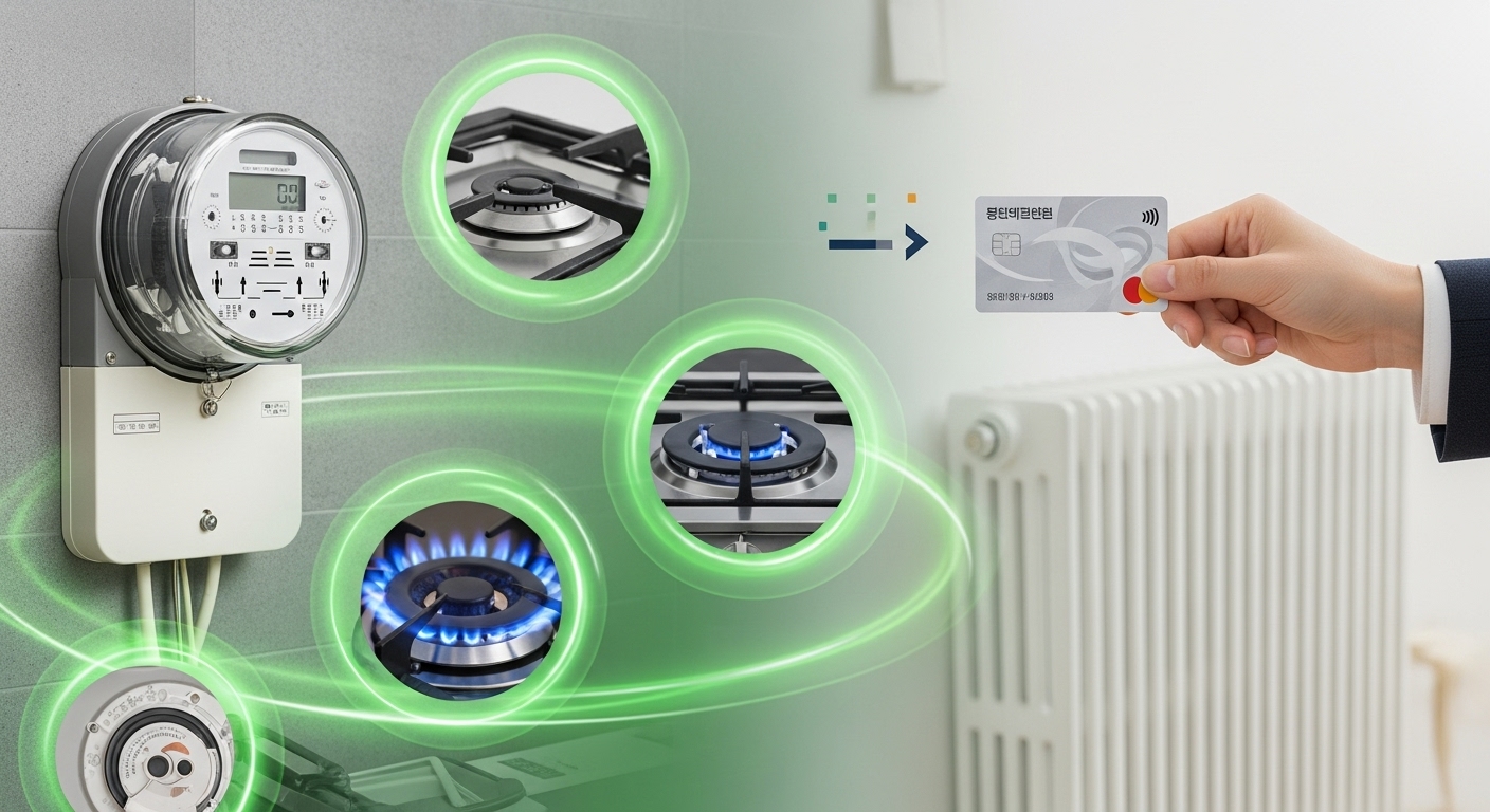에너지바우처 혜택의 범위와 효율적인 활용 전략 - 전기 계량기, 가스레인지 불꽃, 난방 라디에이터 등 다양한 에너지원을 한국인의 손이 결제 카드를 들고 있는 모습과 함께 종합적인 에너지 지원을 표현합니다.