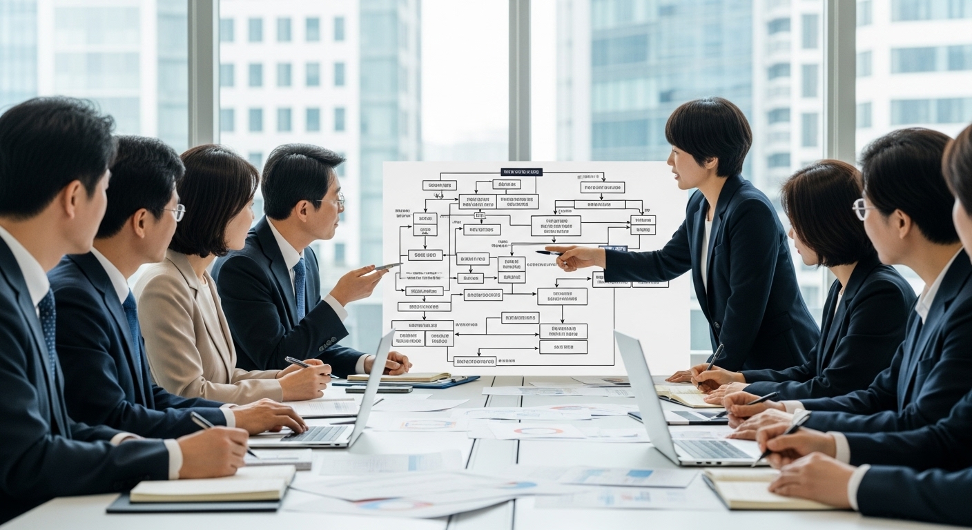 기준 중위소득, 왜 중요하며 TF는 왜 출범했나? - 다양한 한국인 전문가들이 테이블에 앉아 사회복지 시스템 관련 서류와 차트를 보며 활발하게 토론하는 모습