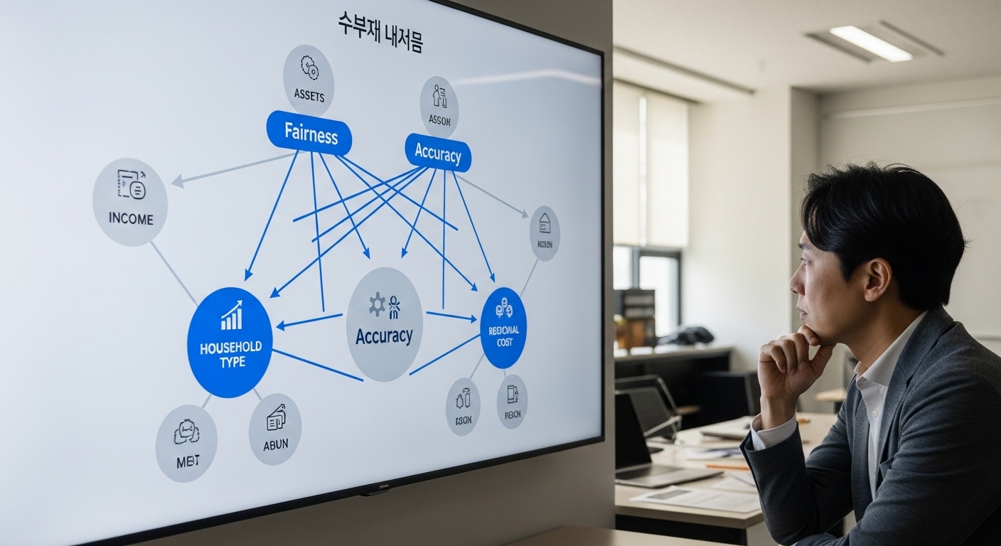 TF의 주요 논의 과제와 개편 방향 - 한국인 연구원이 '소득', '자산', '가구 유형', '지역 물가' 등 다양한 요소가 '공정성'과 '정확성'으로 연결되는 복잡한 인포그래픽을 대형 스크린에서 분석하는 모습