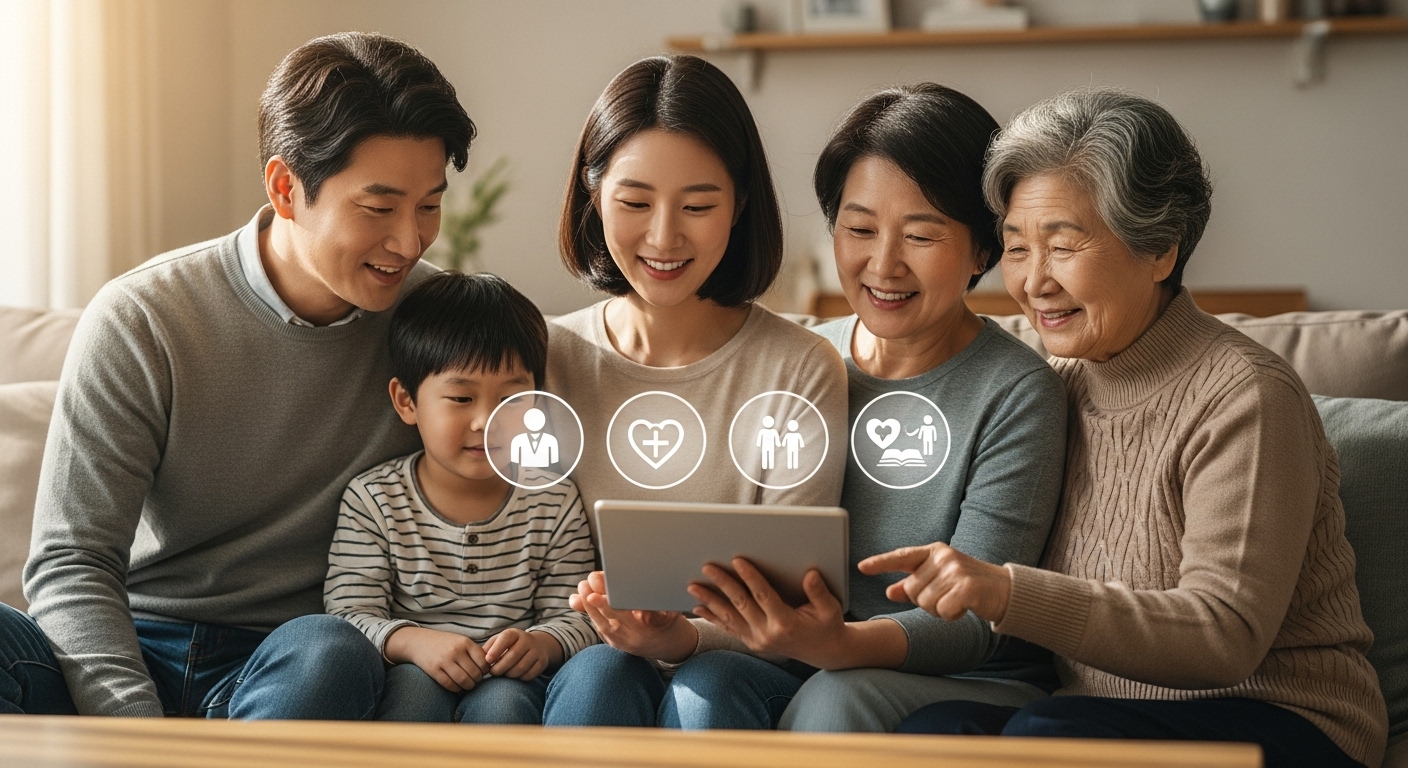 기대 효과 및 잠재적 변화: 누가 영향을 받을까? - 한국인 가족이 거실에서 태블릿으로 복지 혜택, 건강 관리, 교육 등 다양한 아이콘을 보며 논의하는 모습