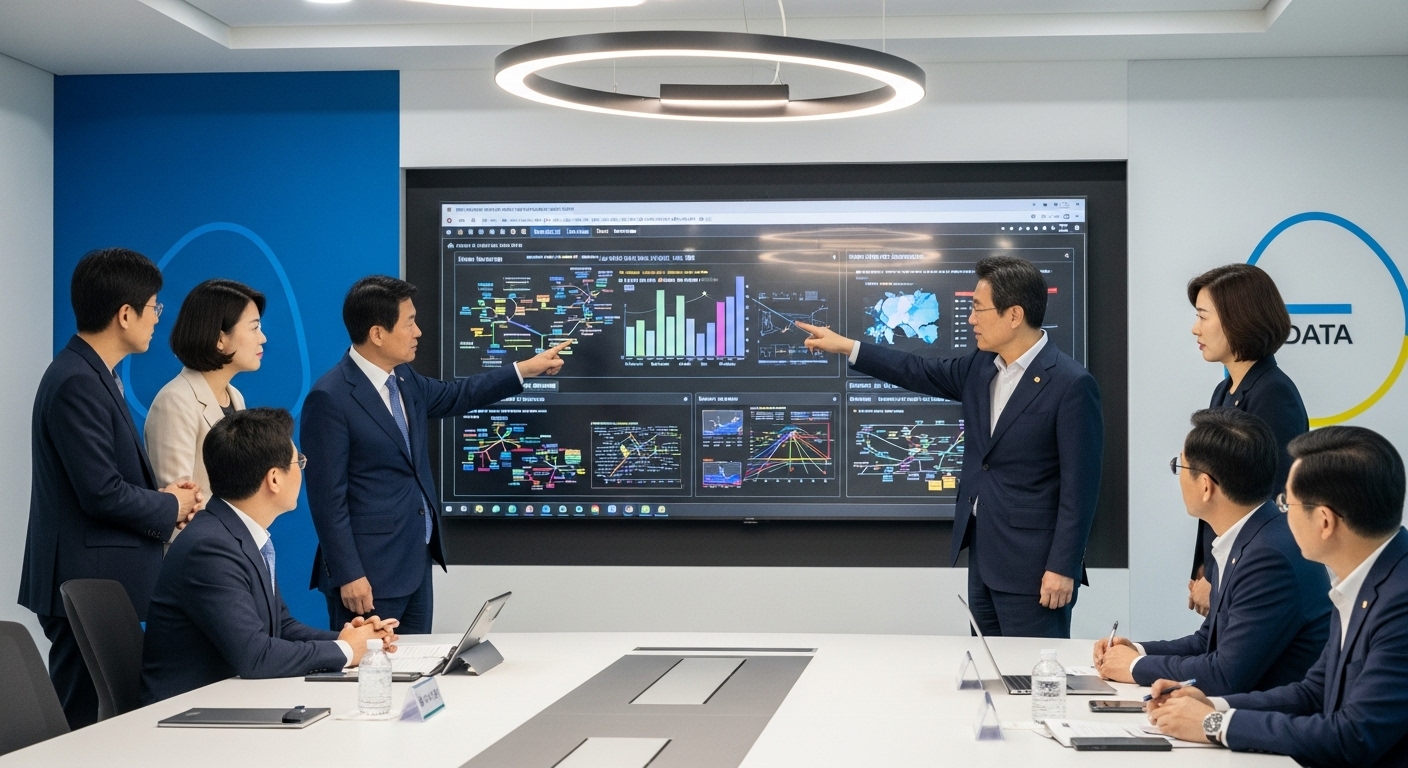 TF 활동의 현재와 미래 전망 - 한국인 공무원과 전문가들이 현대적인 회의실에서 타임라인과 데이터 모델이 표시된 대형 스크린을 보며 중요한 논의를 하는 모습