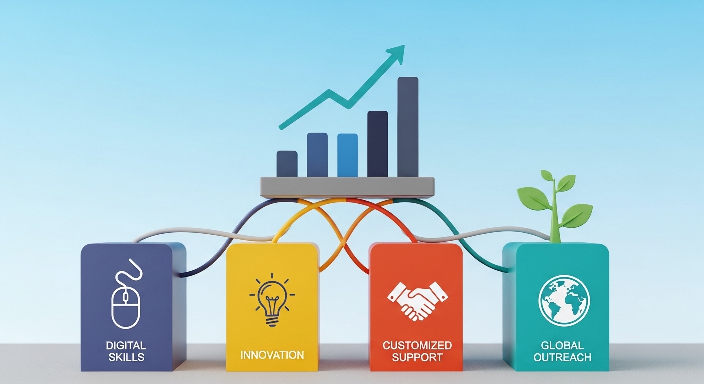 전략의 주요 추진 방향 및 핵심 과제 - 디지털 기술, 혁신, 맞춤형 지원, 글로벌 진출을 상징하는 네 개의 기둥이 경제 성장을 지탱하는 모습
