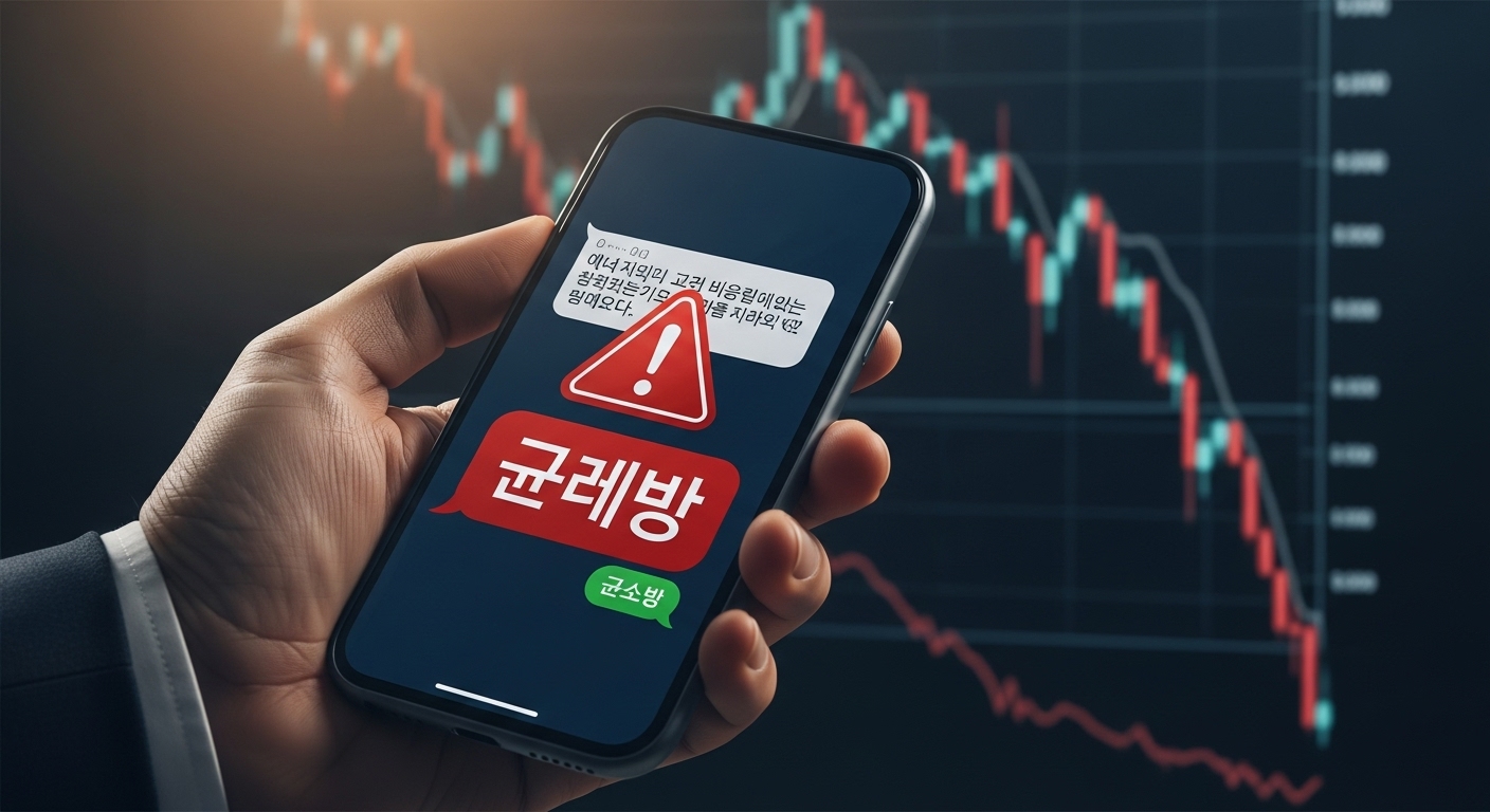 보이스피싱, 왜 10분 긴급차단이 필요한가? - 한 사람이 스마트폰으로 의심스러운 문자 메시지를 보고 있으며, 배경에는 금융 그래프가 하락하는 모습이 흐릿하게 보인다.