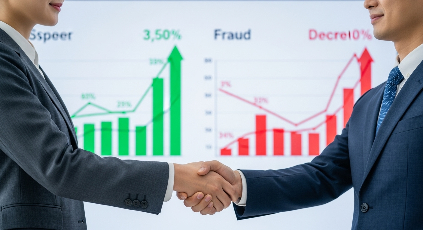 긴급차단 10분 시행의 성과와 기대효과 - 한 한국인 사업가와 사업 여성이 디지털 대시보드 앞에서 악수하며, 대시보드는 긍정적인 금융 추세와 감소하는 사기 통계를 보여준다.