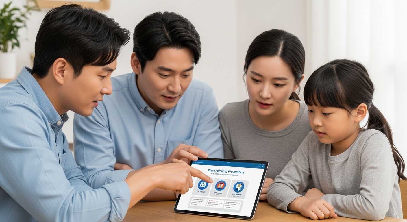국민의 역할: 10분 골든타임을 지키는 방법 - 한 한국인 가족이 식탁에 모여 태블릿으로 보이스피싱 예방 정보를 주의 깊게 보고 있다. 아버지가 화면을 가리키며 설명하고 있다.