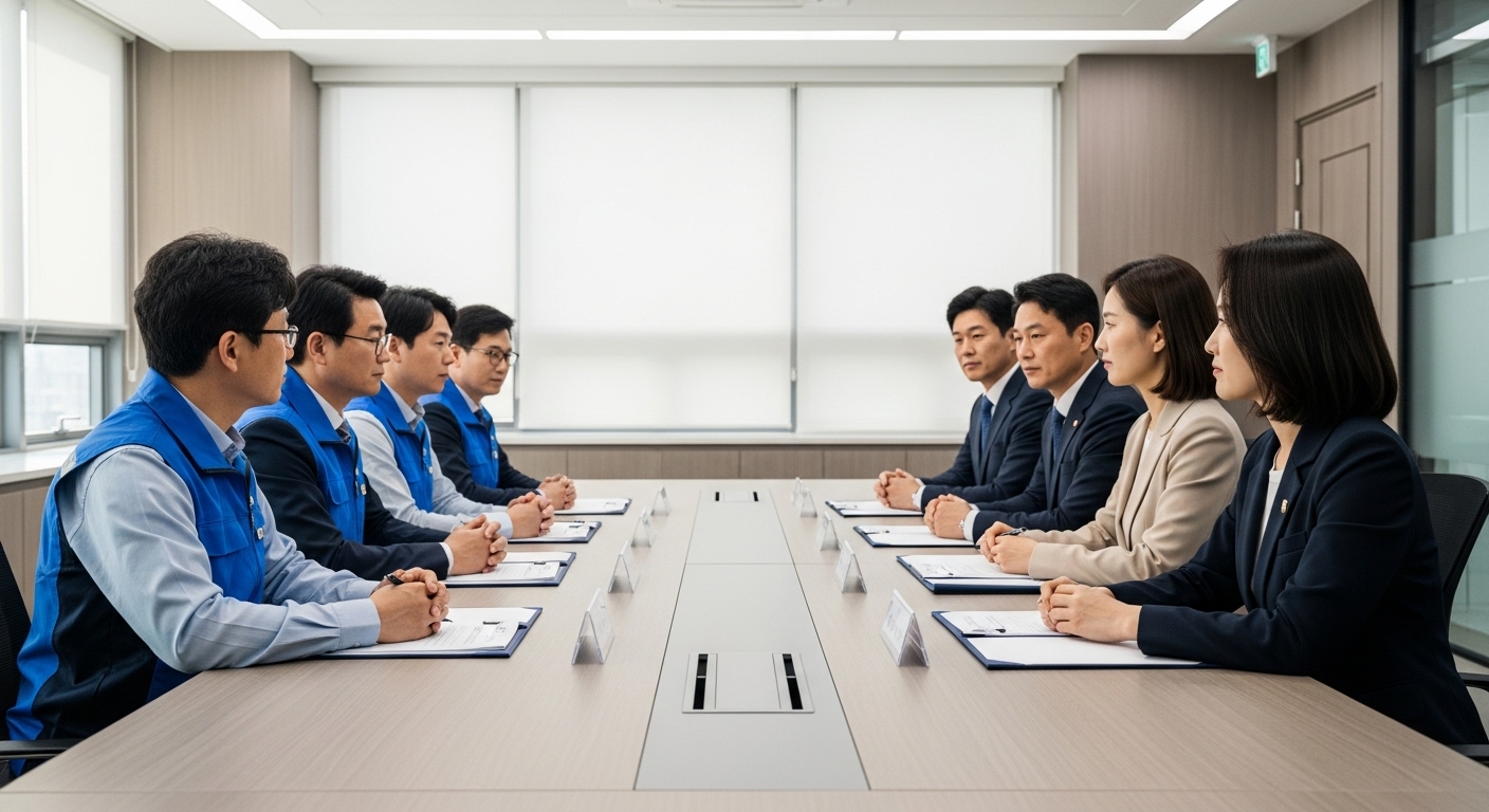노동계와 경영계의 입장 차이 - 한국인 노동계와 경영계 대표들이 긴 회의 테이블에서 문서들을 사이에 두고 서로 대치하며 팽팽한 협상 분위기를 보여주는 모습