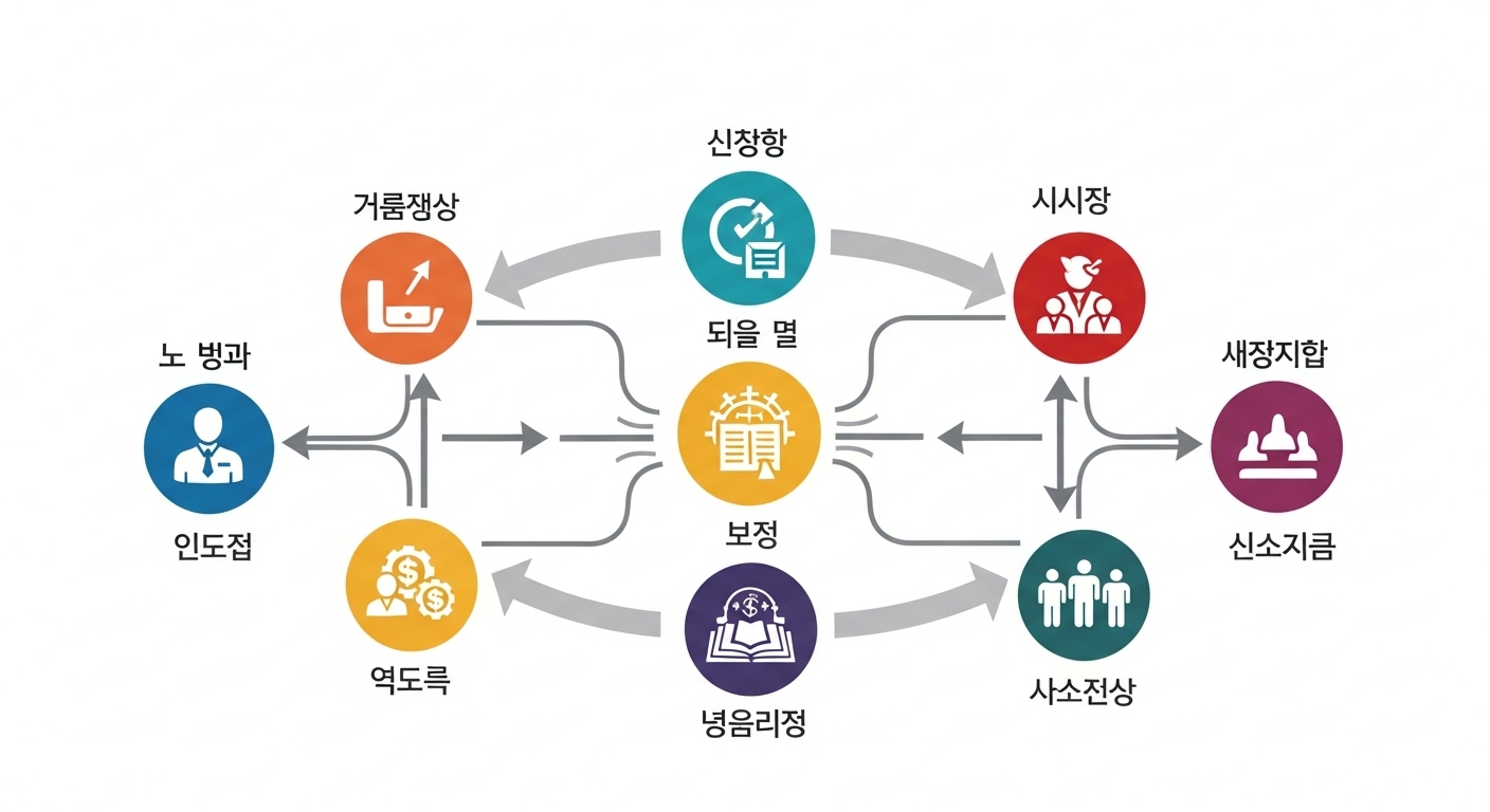 사회·경제적 파급 효과 분석 - 노동, 기업, 경제, 사회 아이콘들 사이를 연결하는 화살표들이 복잡하게 얽혀 생산성, 고용, 투자, 사회 안정 등 주요 키워드를 보여주며 정책 변화의 파급 효과를 설명하는 역동적인 한국어 인포그래픽