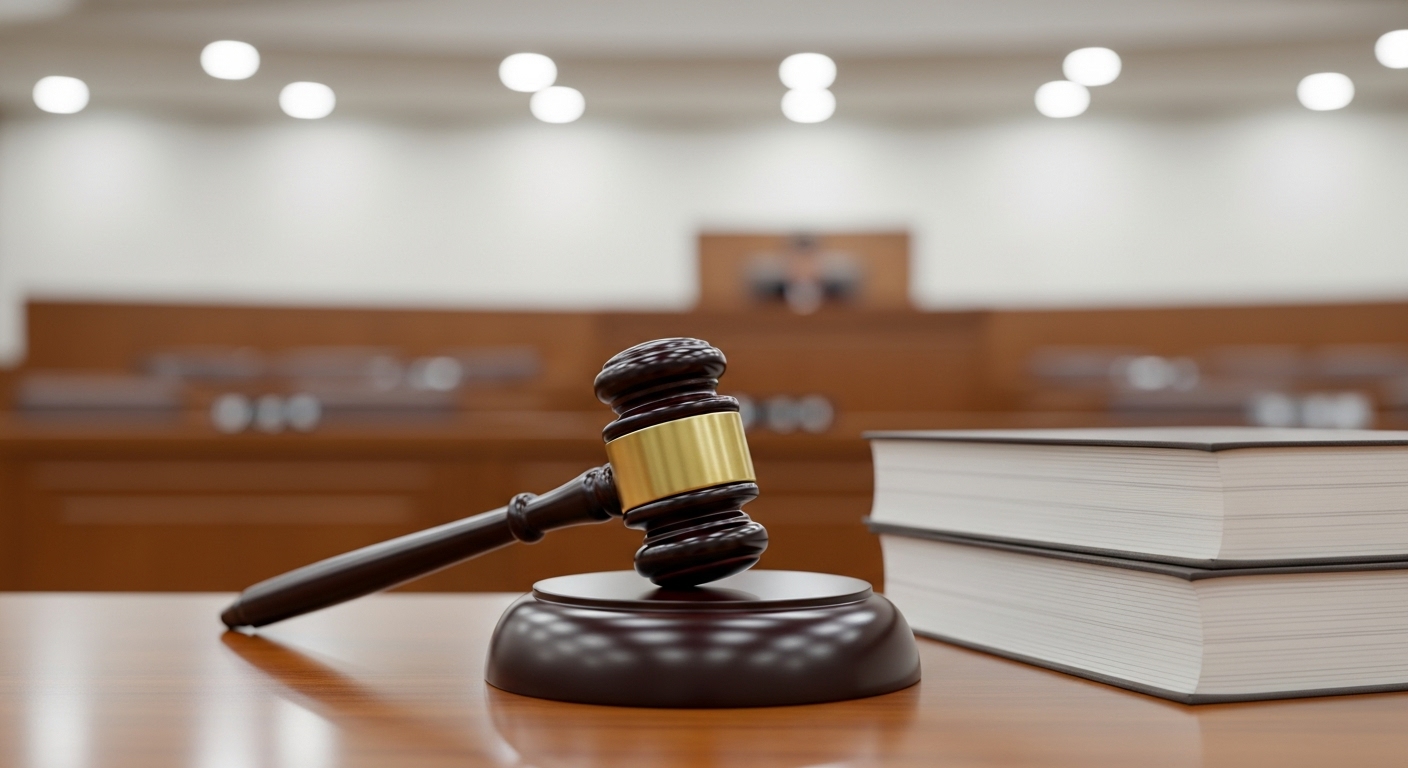 향후 전망 및 주요 쟁점 - 한국 법률 서적 위에 놓인 판사의 의사봉과 법정 또는 국회 배경이 어우러져 법적 절차와 중요한 결정을 암시하는 장면