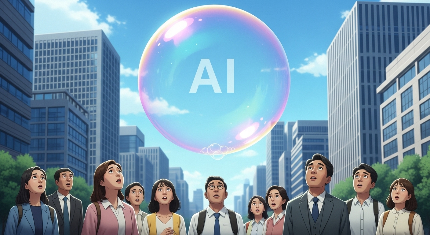 'AI 거품론'의 확산과 주요 근거 - AI 글자가 보이는 거대한 비눗방울이 도시 위에 떠 있고, 여러 한국인들이 이를 올려다보며 거품 붕괴 가능성에 대해 걱정하는 모습