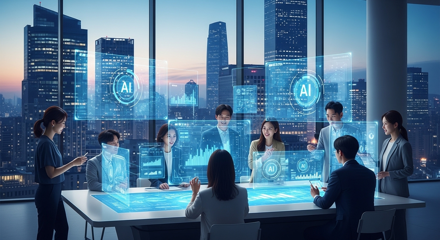 AI 기술의 미래와 주식시장의 장기적 전망 - 미래 도시에서 한국인 전문가들이 AI 프로젝트를 협력하여 진행하며 기술 발전의 긍정적인 미래를 암시하는 모습