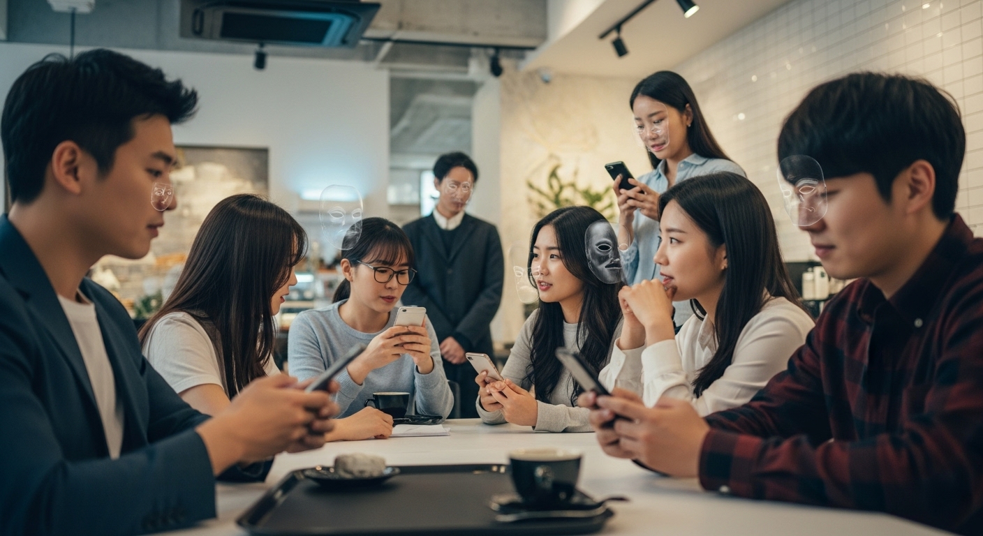 GMG(가면가)의 등장 배경과 의미 분석 - 현대적인 카페에서 다양한 한국인 MZ세대들이 스마트폰을 보거나 대화하며 소통하는 모습, 그들의 디지털 및 사회적 상호작용 속에서 드러나는 '가면' 또는 숨겨진 페르소나를 암시하는 시각적 요소들이 함께 묘사된 이미지.
