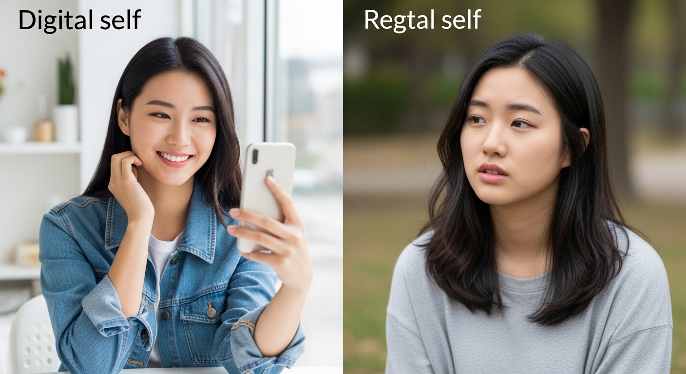 디지털 자아와 현실 자아, 그 경계선에서의 MZ세대 - 한국인 젊은이가 한쪽은 소셜 미디어용으로 밝게 꾸민 모습을 보여주고, 다른 한쪽은 편안하고 진솔한 모습으로 사색에 잠긴 듯한 분할 이미지로, 공개적인 페르소나와 사적인 자아 사이의 대비를 표현.