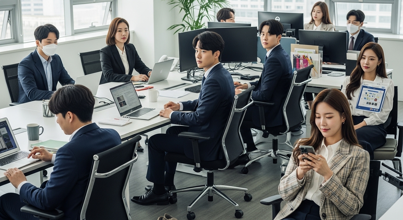 직장 문화와 MZ세대의 '가면가' 현상 - 한국인 MZ세대 직장인들이 현대적인 사무실에서 전문적인 업무를 수행하는 한편, 개인적인 흥미를 은근히 드러내거나 편안한 태도를 취하며 '직장에서의 가면'과 본연의 자아 사이의 균형을 보여주는 모습.