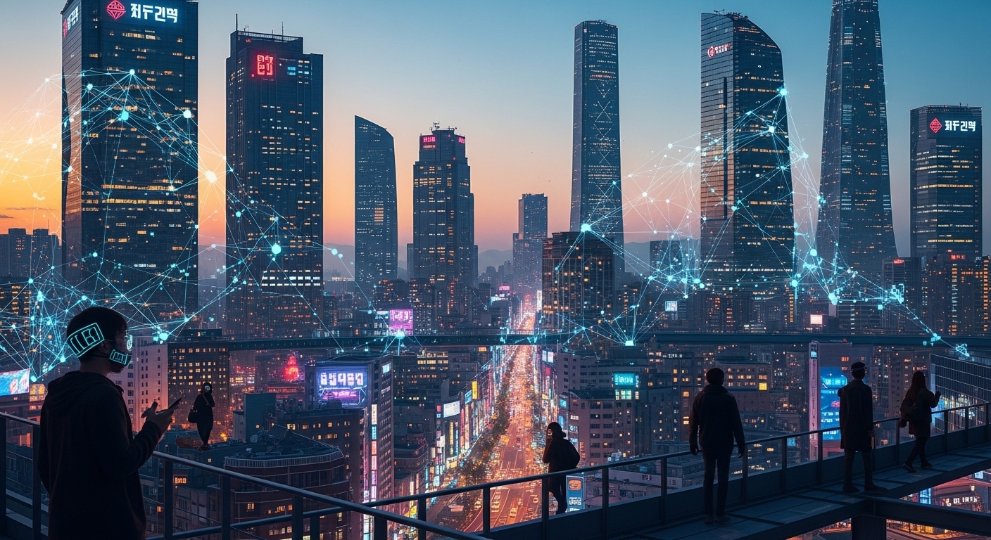 '가면가' 현상이 우리 사회에 미치는 영향과 미래 전망 - 저녁 노을 지는 미래 도시 풍경, 상호 연결된 네트워크의 디지털 오버레이와 복잡한 환경을 헤쳐나가는 개인들의 모습이 은은하게 묘사되어 디지털 시대 '가면 쓴' 정체성의 사회적 영향과 미래 진화를 상징.