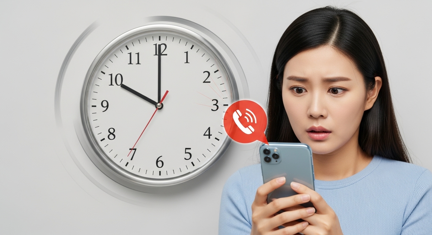 보이스피싱, 왜 10분 차단이 중요한가? - 한 한국인 여성이 불안한 표정으로 스마트폰을 보고 있고, 배경의 시계와 번호 차단 아이콘이 긴박한 상황을 나타낸다.