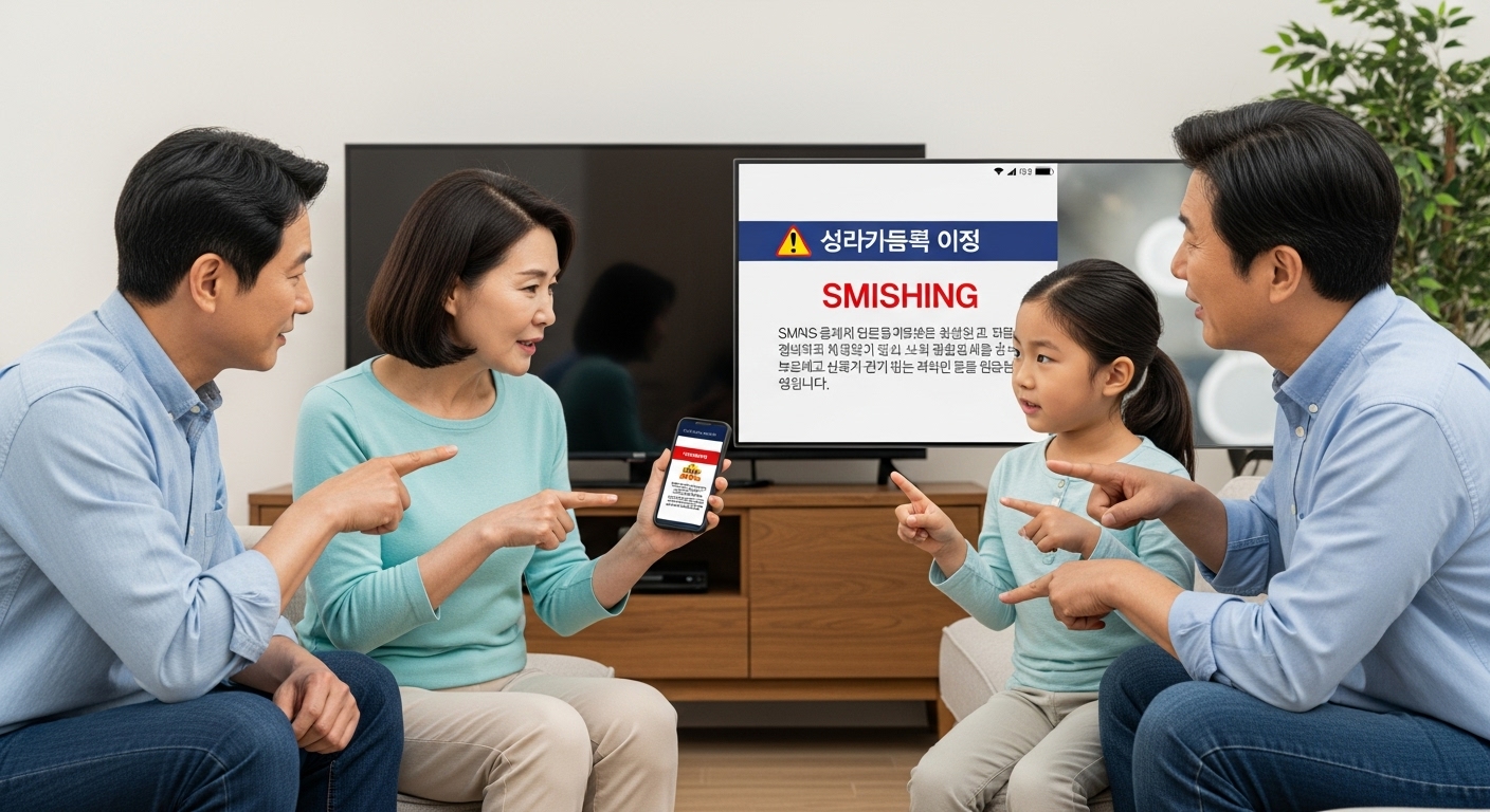 피해 예방 및 신속한 대처를 위한 행동 수칙 - 한국인 가족이 거실에서 스마트폰과 TV의 보이스피싱 경고를 보며 예방에 대해 대화한다.