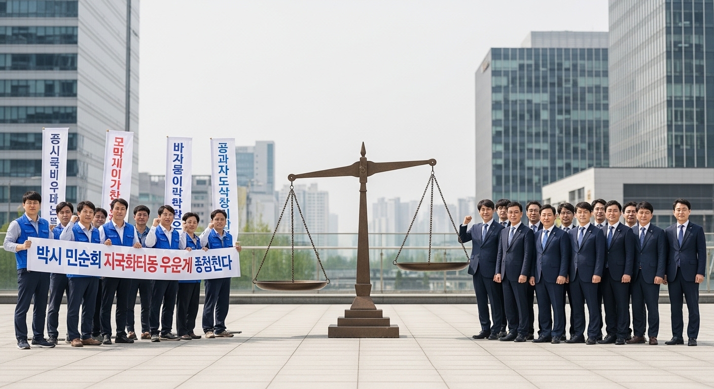 노동계와 경영계의 엇갈린 시각 - 깃발을 든 노동계 인사들과 정장을 입은 경영계 인사들이 법의 저울 양쪽에 서서 대립하는 모습. 저울은 약간 기울어져 있으며, 도시 배경에서 진행되는 논쟁을 상징한다.