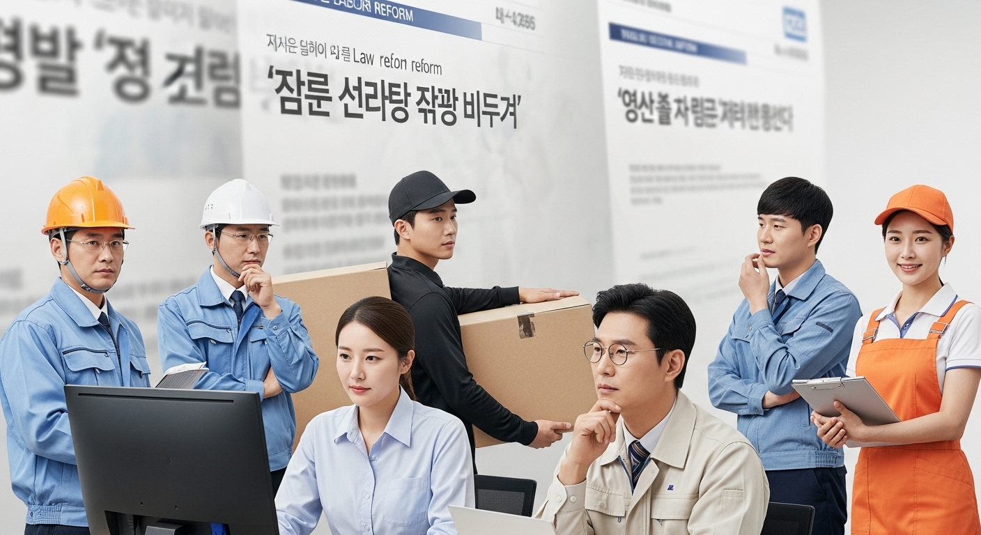 시행령 발표가 가져올 산업 현장의 파급 효과 - 다양한 산업 분야의 한국인 근로자들이 심각한 표정으로 모여 토론하고 있으며, 배경에는 노동법 개혁 관련 뉴스 헤드라인이 흐릿하게 보인다.
