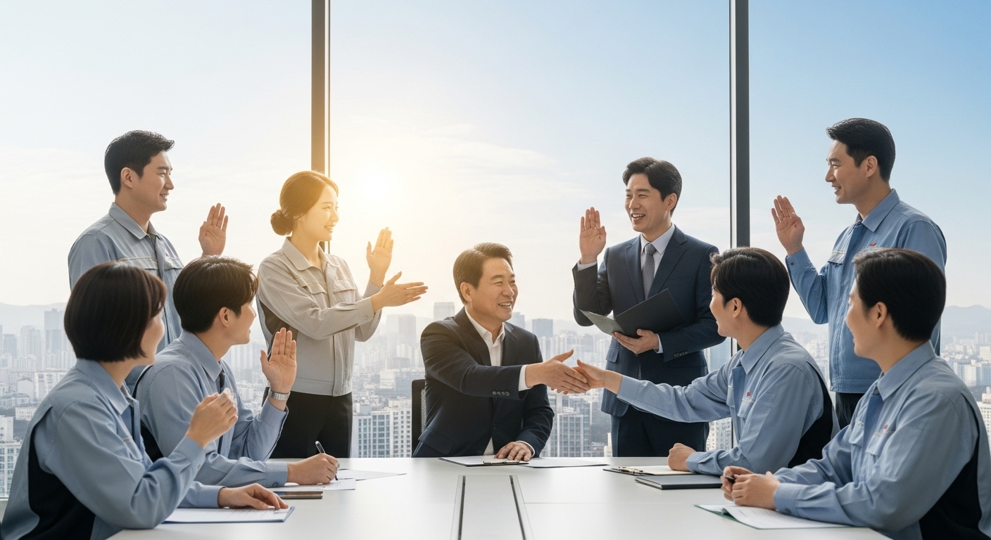 향후 과제와 전망: 지속가능한 노사관계 구축을 위한 길 - 한국의 노동자, 경영자, 정책 입안자들이 현대적인 회의 테이블에 모여 건설적인 대화를 나누며 악수하거나 긍정적인 제스처를 취하는 모습. 밝은 도시 스카이라인과 떠오르는 태양이 배경으로, 미래 지향적인 노사 협력을 상징한다.