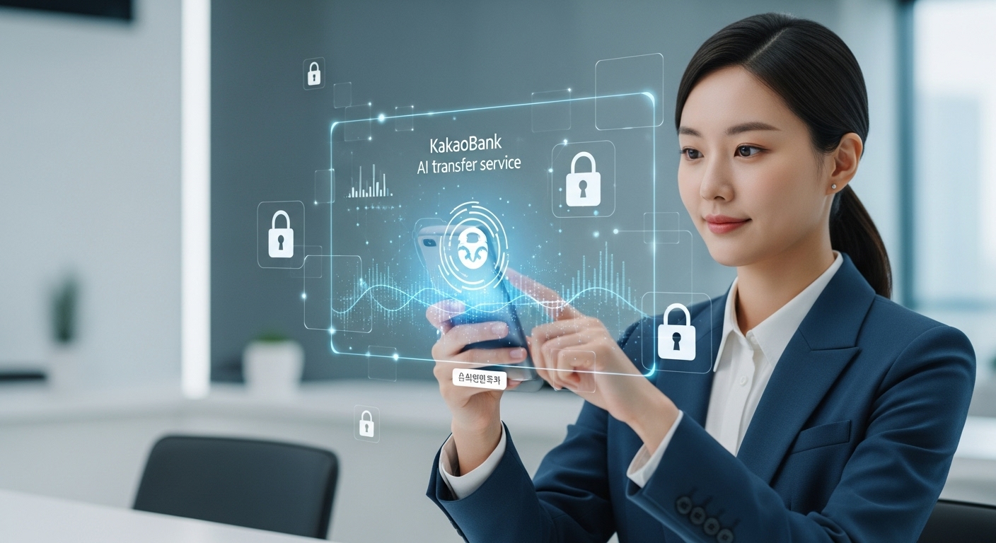 카카오뱅크 AI 이체 서비스의 진화와 배경 - 미래 지향적인 한국인 여성이 홀로그램 인터페이스로 카카오뱅크 AI 이체 서비스를 사용하는 모습, 주변에 데이터와 보안 아이콘이 떠다니고 현대적인 디지털 은행 환경이 배경에 있다.