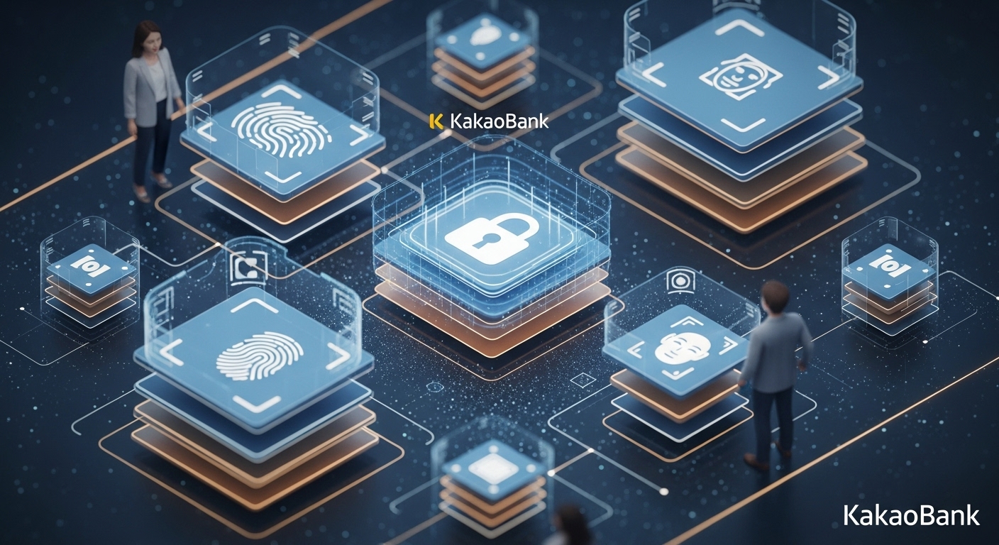 보안 강화와 개인 정보 보호 - 데이터 보호 레이어, 생체 인식 인증 기호, 자물쇠 아이콘이 카카오뱅크 색상으로 겹쳐진 복잡하고 추상적인 안전한 디지털 뱅킹 표현.