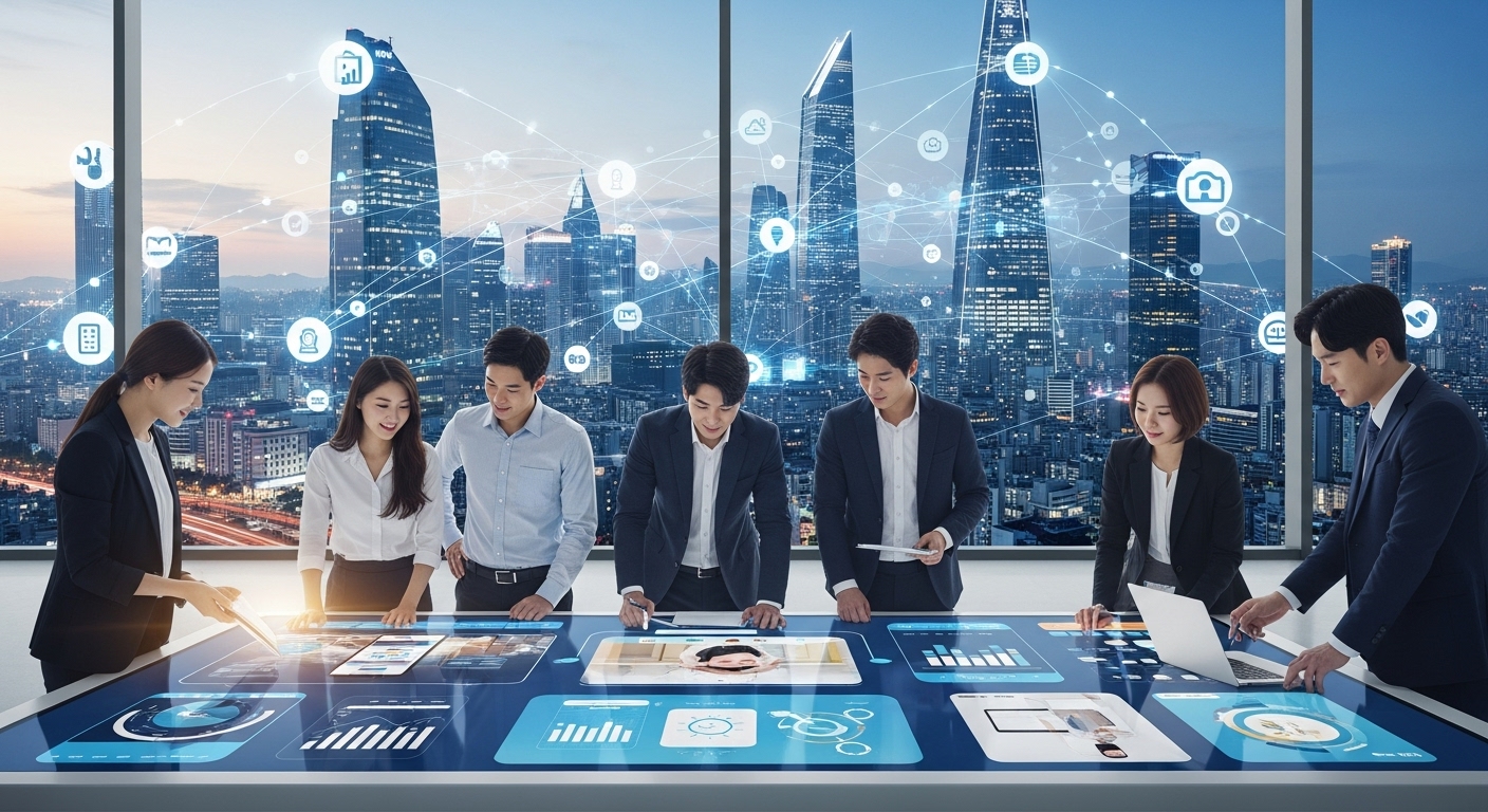 미래 금융 서비스의 방향과 카카오뱅크의 역할 - 해질녘 스마트 도시 전경과 디지털 금융 데이터가 흐르는 모습, 전경에는 한국인 젊은 전문가들이 대형 인터랙티브 디스플레이 주위에서 협업하며 은행 업무가 일상생활에 매끄럽게 통합된 모습을 보여준다.