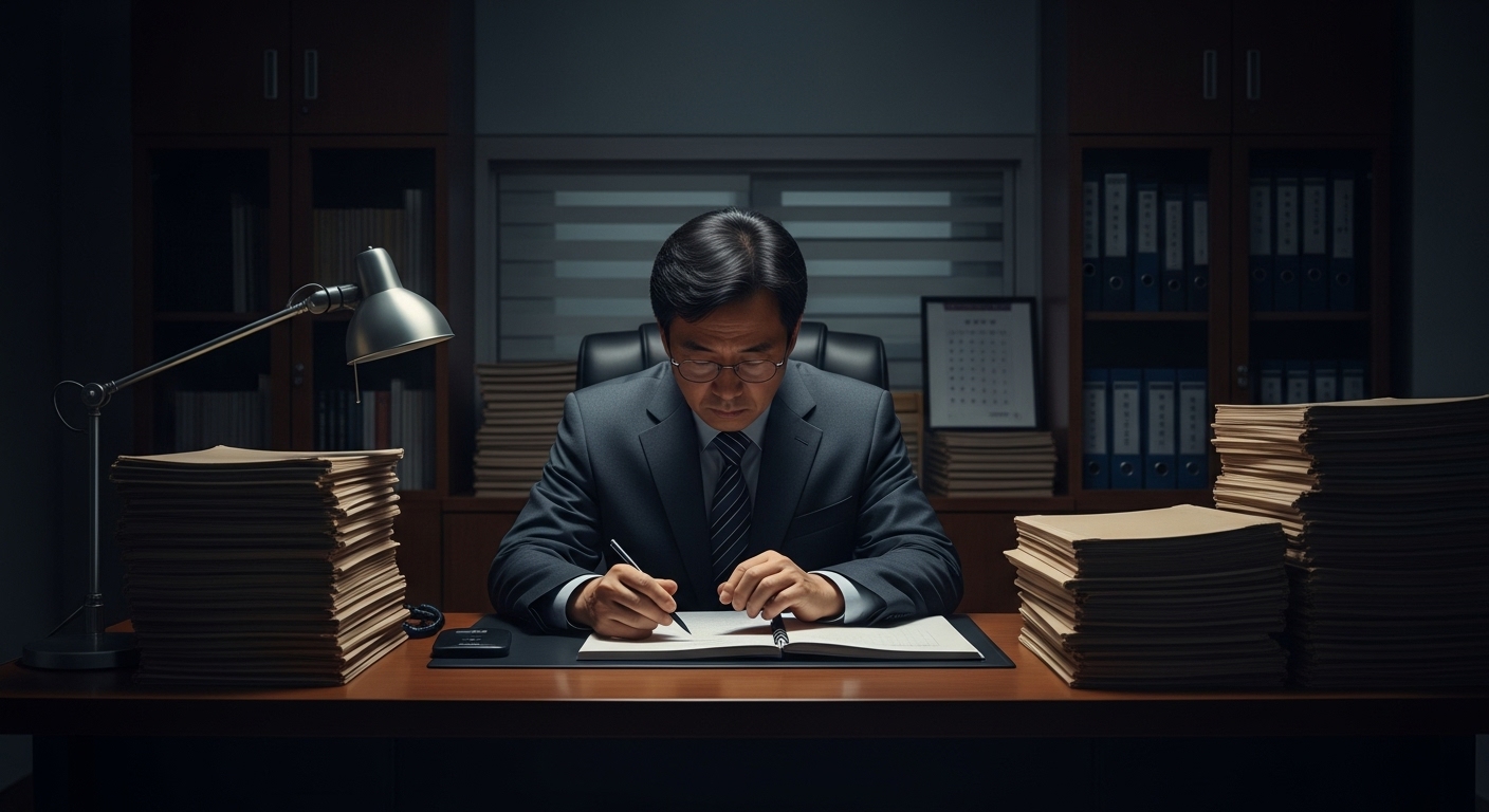 당직제도 개편의 배경과 필요성 - 늦은 밤 불 꺼진 사무실에서 홀로 앉아 지친 표정으로 서류를 보고 있는 한국인 공무원의 모습