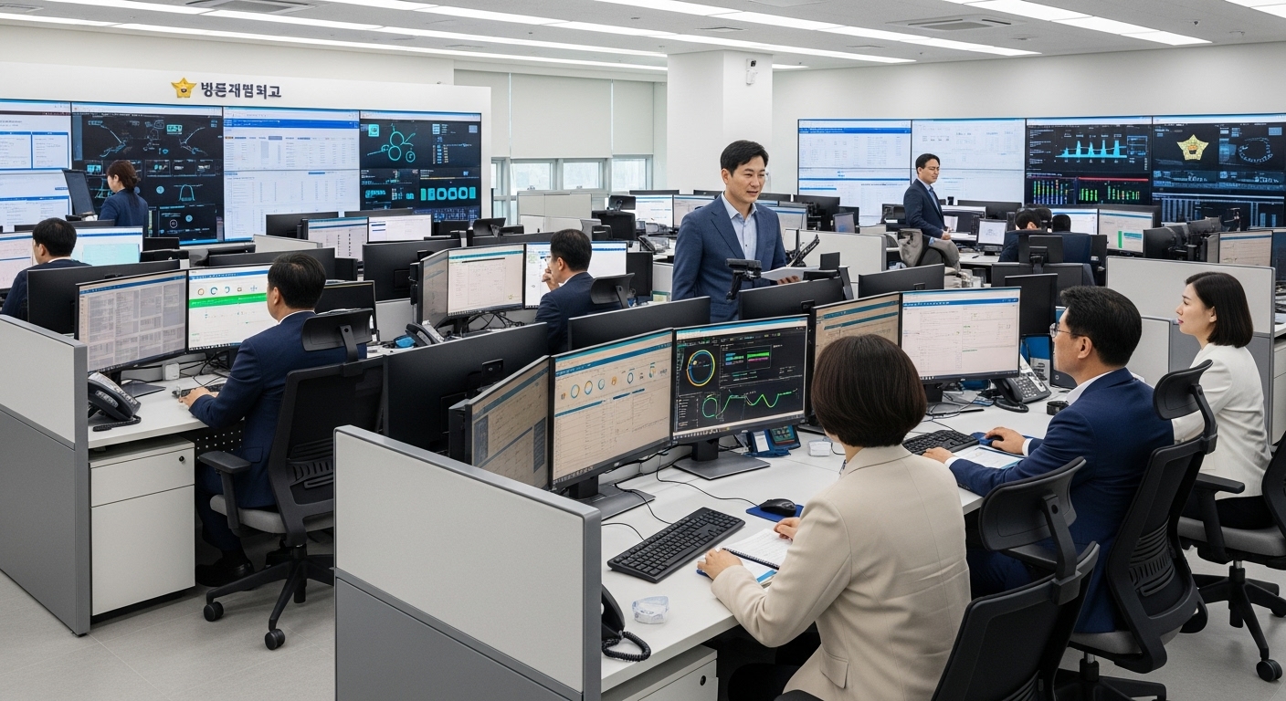 2025년 기준 주요 개편 내용 및 변화 - 여러 한국인 공무원들이 통합 당직센터에서 스크린을 보며 협력적으로 효율적으로 근무하는 현대적인 모습