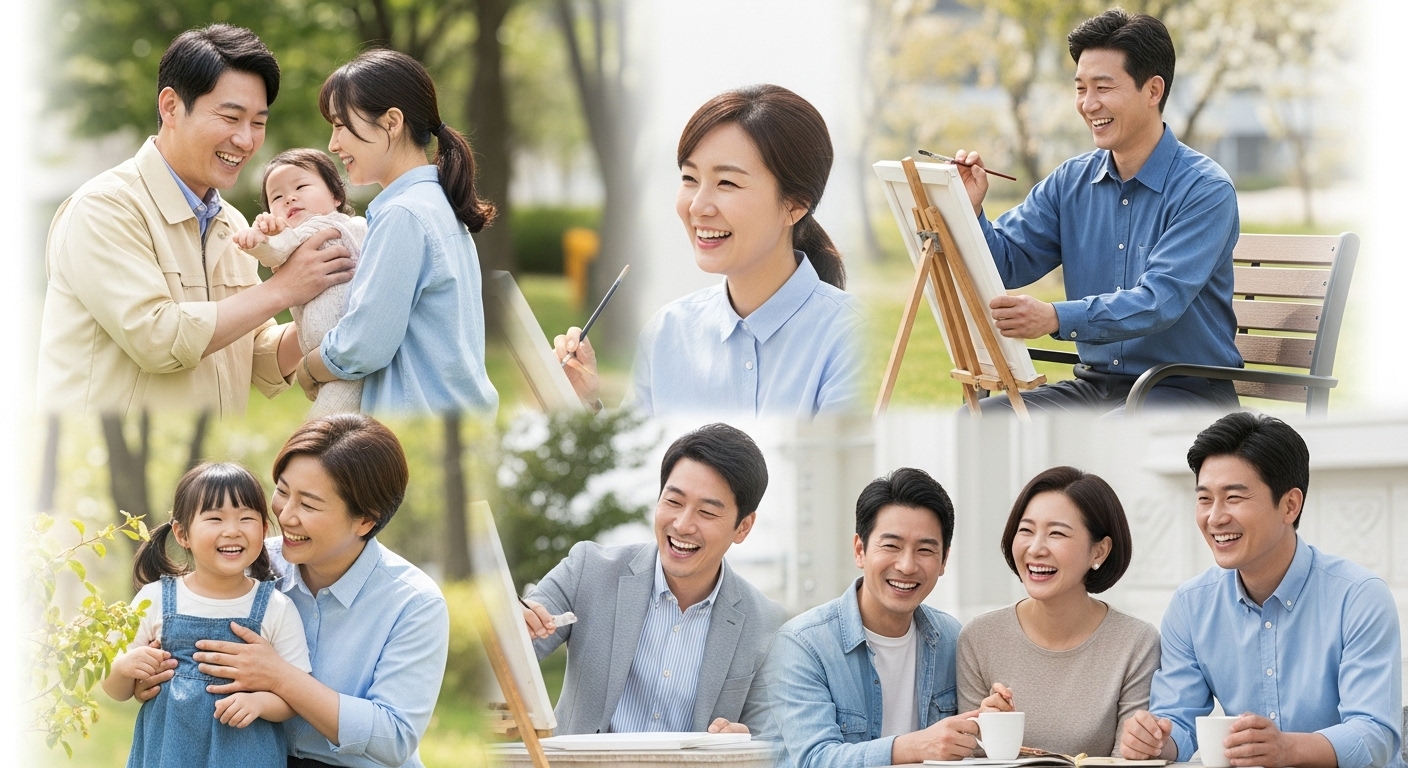 개편을 통한 기대 효과 및 긍정적 영향 - 워라밸 개선으로 가족과 취미 생활을 즐기며 행복해하는 다양한 한국인 공무원들의 모습