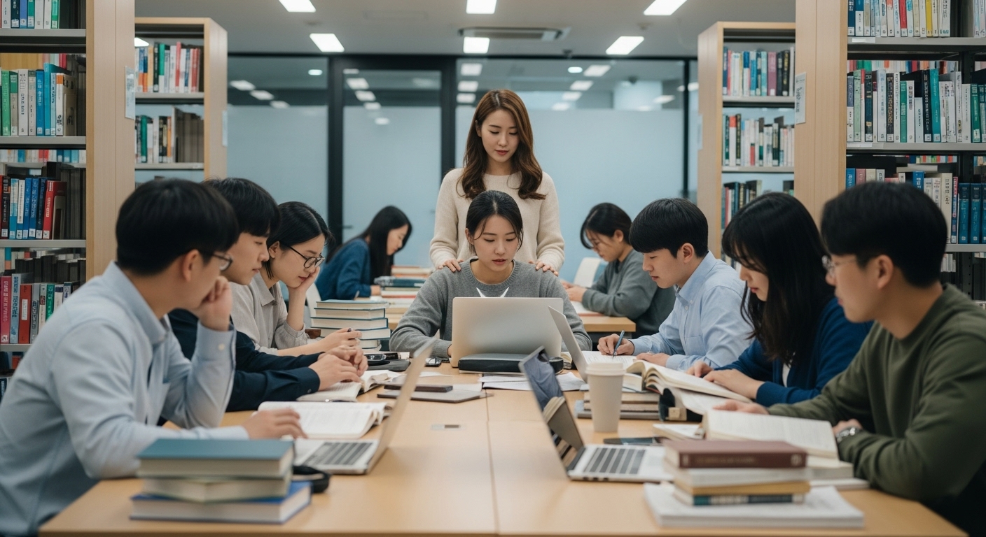 2025년 감정평가사 시험 트렌드와 관리형 스터디의 필요성 - 현대적인 도서관에서 여러 한국인 학생들이 함께 모여 책과 노트북을 활용해 열정적으로 공부하는 모습