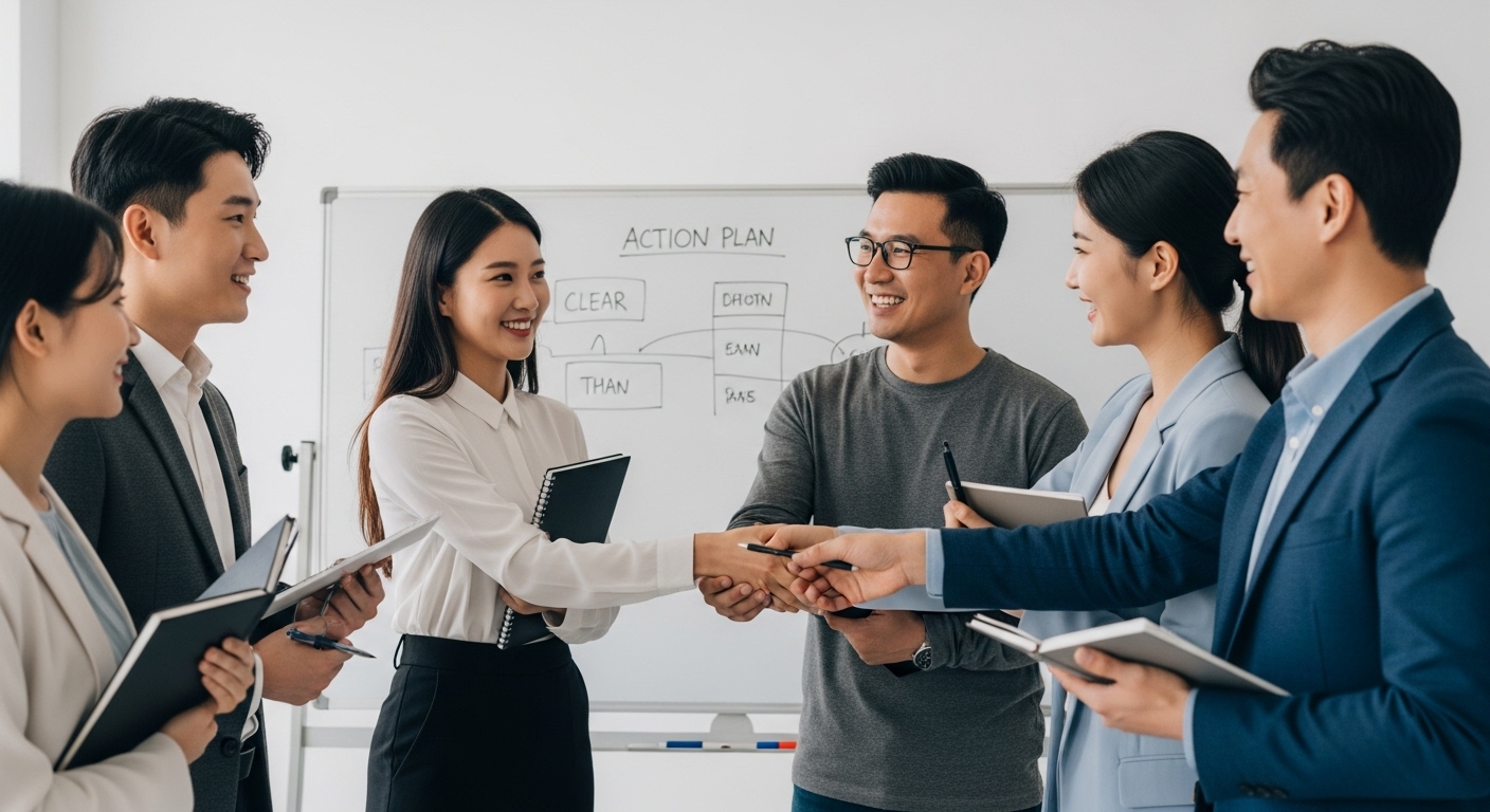 독종 관리형 스터디 성공을 위한 팀 빌딩 및 운영 원칙 - 한국인들로 구성된 팀이 전문적인 환경에서 회의를 마친 후 악수하며 협력과 목표 설정을 상징하는 모습