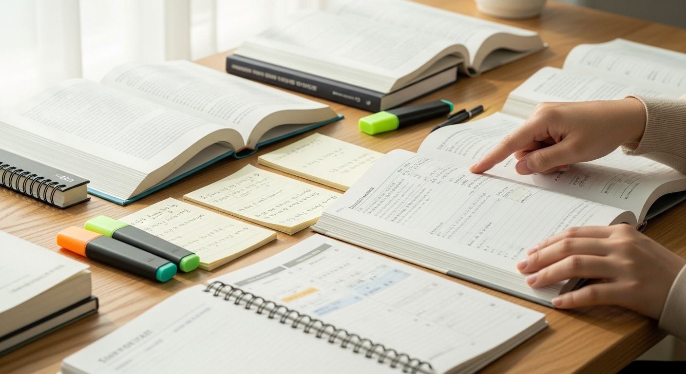 학습 효과 극대화를 위한 스터디 커리큘럼 및 자료 활용법 - 개방된 교과서, 깔끔하게 정리된 노트, 형광펜, 구조화된 학습 일정이 표시된 플래너가 있는 세밀하고 정돈된 스터디 책상