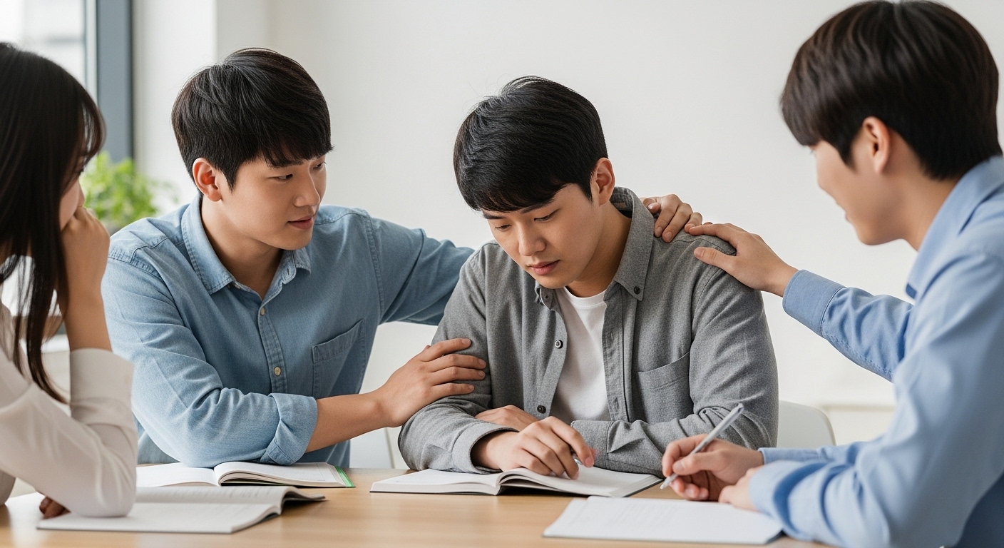 멘탈 관리와 슬럼프 극복: 독종 스터디의 숨겨진 힘 - 한국인 학생들이 서로 지지하고 격려하며, 힘들어하는 한 사람을 위로하는 따뜻한 분위기 속에서 공부하는 모습
