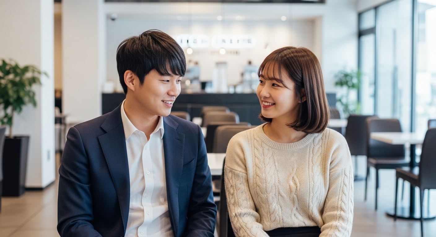 MZ세대 관계 트렌드 속 FWB의 등장: 현대적인 카페에서 편안하게 대화하며 미소 짓는 두 명의 젊은 한국인 남녀, 이들의 관계에서 느껴지는 캐주얼하면서도 친밀한 분위기를 묘사한 이미지.