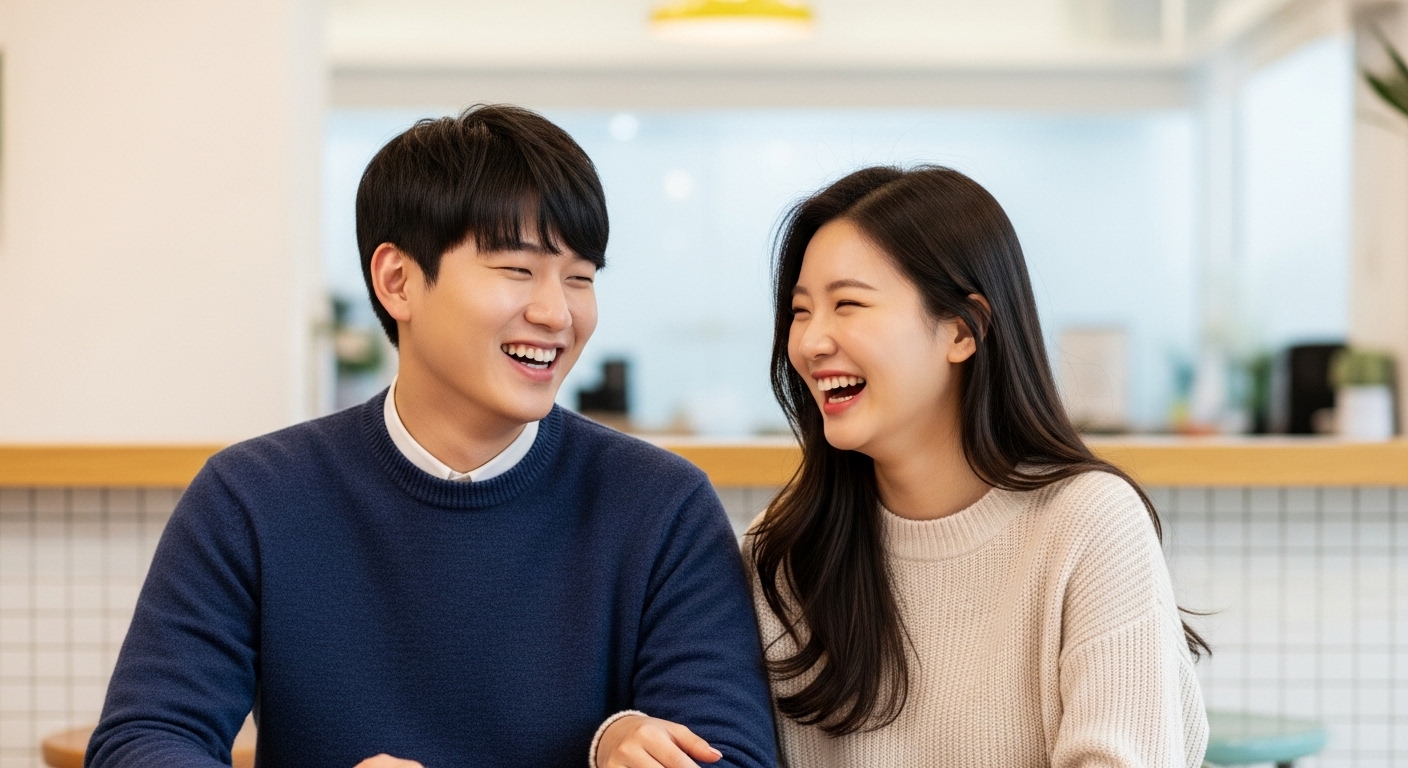 FWB 관계의 핵심 특징과 심리적 동인 - 밝은 카페에서 편안하게 웃으며 즐거운 시간을 보내는 두 명의 젊은 한국인 남녀, 서로에게 친밀하면서도 부담 없는 관계의 특징을 표현하는 이미지.