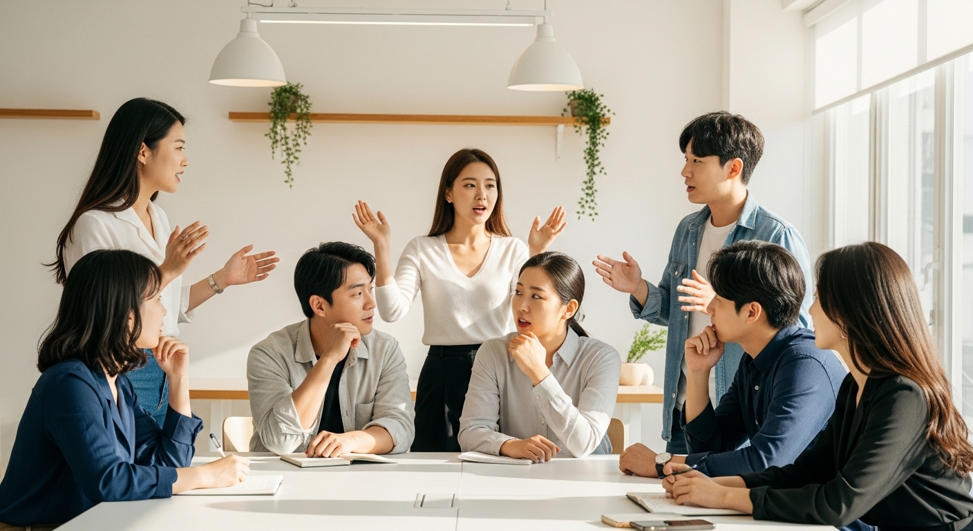 FWB 관계에 대한 MZ세대의 인식과 사회적 영향 - 현대적인 코워킹 스페이스에서 활발하게 토론하는 다양한 젊은 한국인들, 현대 관계에 대한 여러 관점과 사회적 인식을 보여주는 이미지.