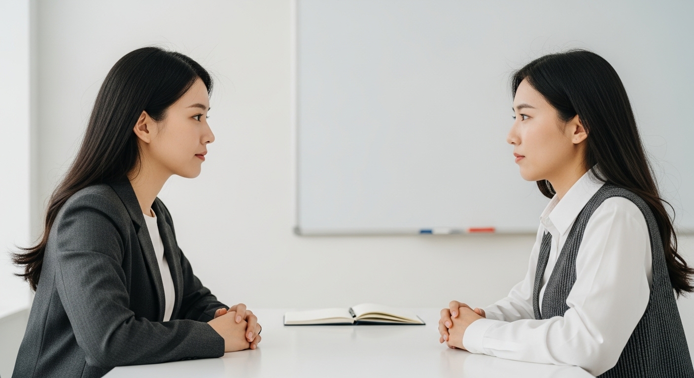 건강한 FWB 관계를 위한 소통과 가이드라인 - 깔끔한 테이블에 마주 앉아 진지하면서도 이해심 있는 표정으로 눈을 맞추며 솔직한 대화를 나누는 두 명의 젊은 한국인, 명확한 소통과 합의의 중요성을 상징하는 이미지.