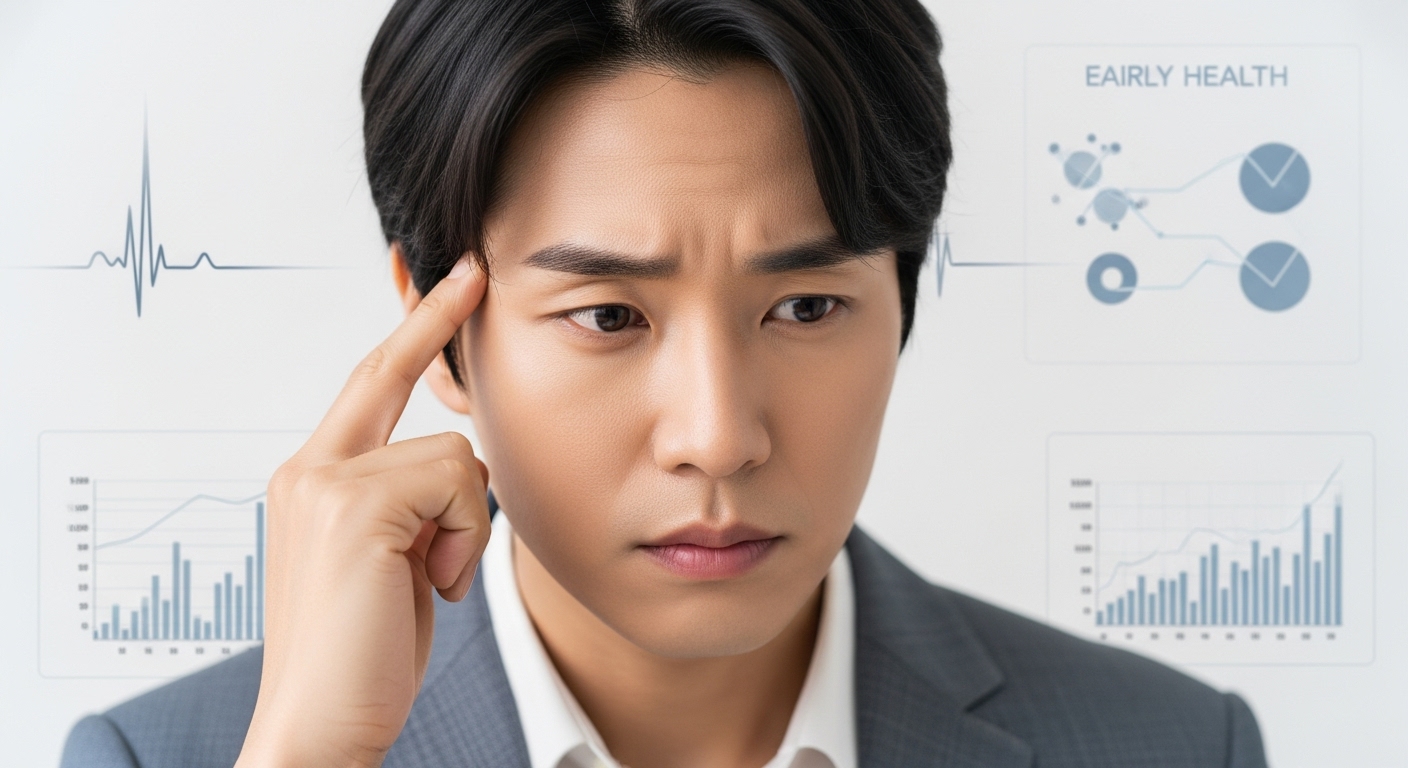 당뇨병 전조증상, 왜 알아야 할까요? - 한 한국인이 자신의 건강 상태에 대해 깊이 생각하며 걱정하는 모습, 뒤로는 흐릿한 의료 데이터가 보인다.