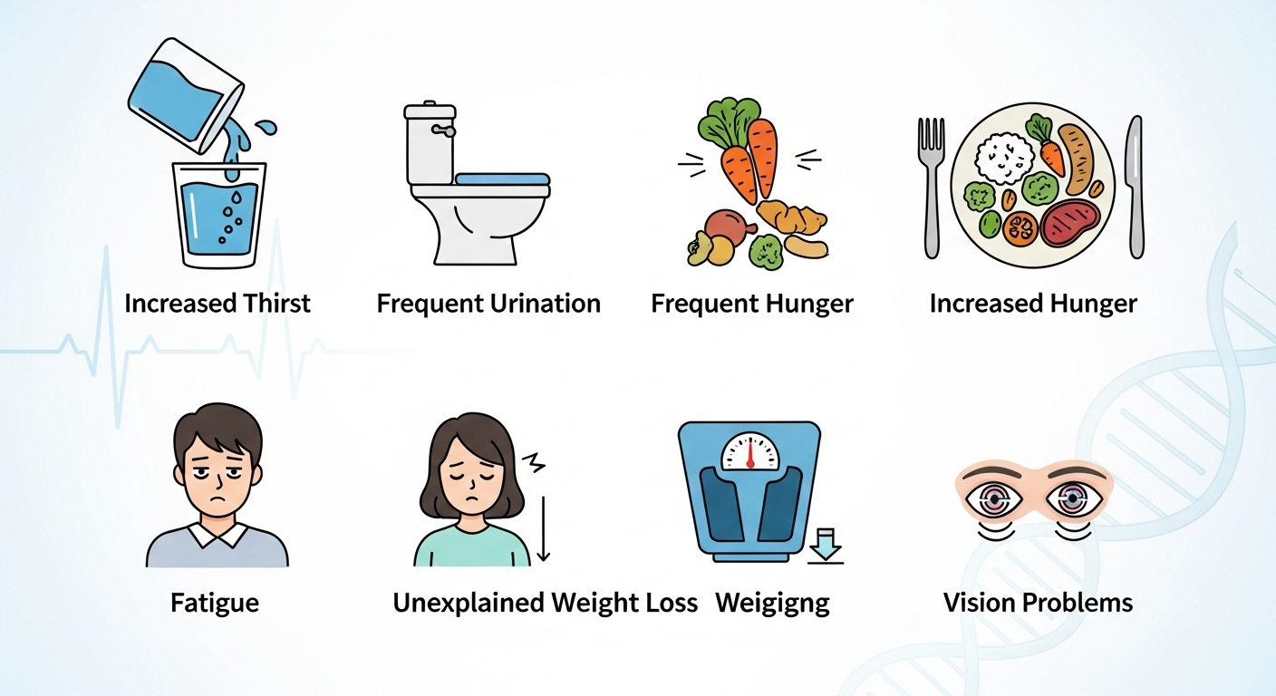 대표적인 당뇨 전조증상과 그 의미 - 물컵, 화장실, 음식 접시, 피곤한 사람, 체중계, 흐릿한 시야 아이콘이 인포그래픽 형태로 배열되어 당뇨 증상을 시각적으로 설명한다.