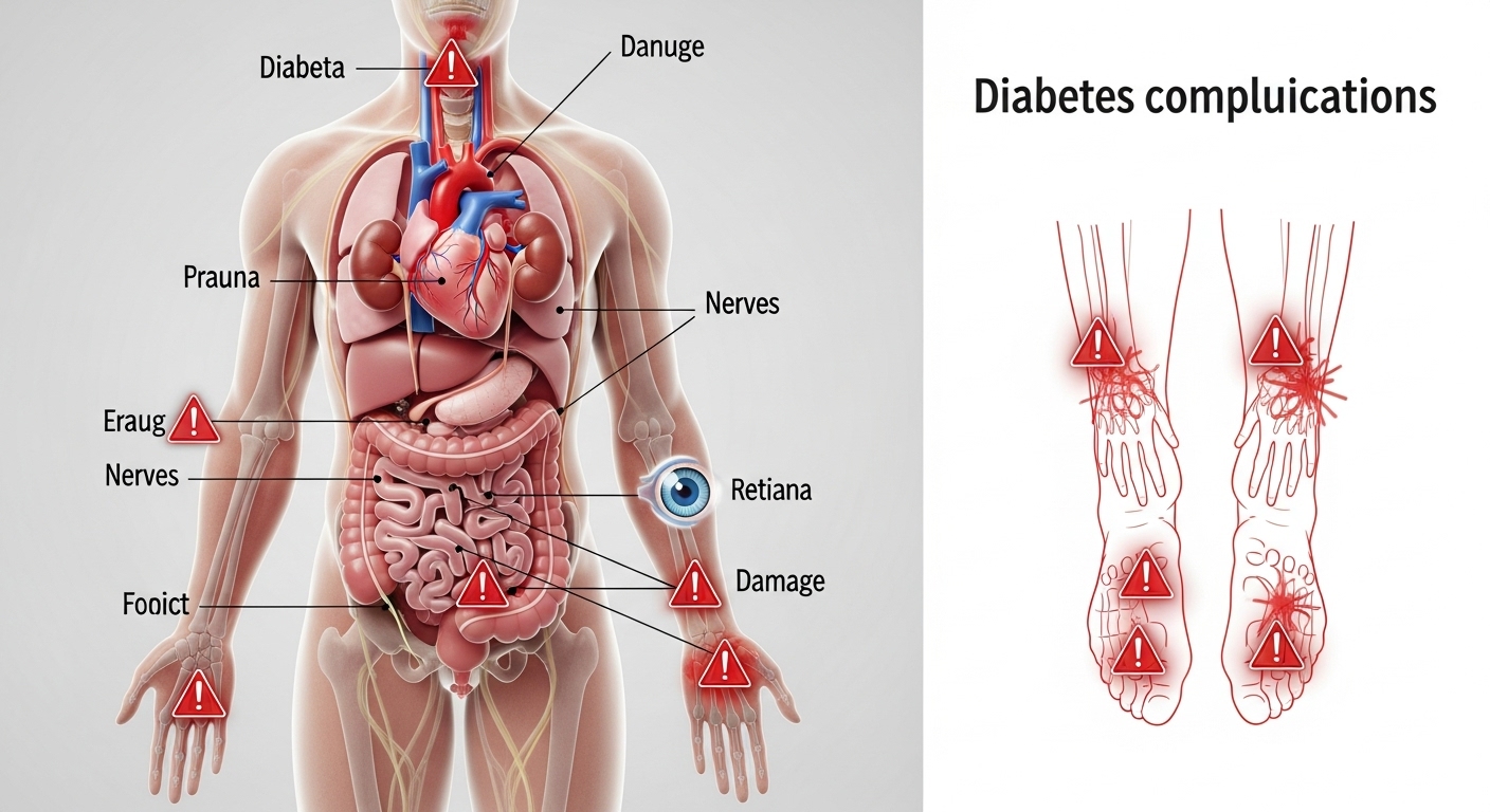 전조증상 무시했을 때 발생할 수 있는 합병증 - 심장, 신장, 눈, 신경, 발 등 당뇨병 합병증으로 인해 손상될 수 있는 인체 기관들이 시각적으로 강조된 다이어그램.
