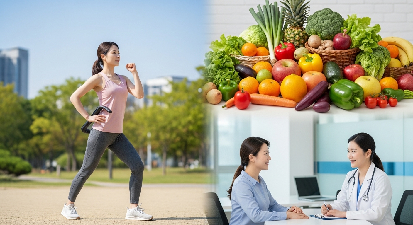 조기 발견과 관리의 중요성 및 예방 전략 - 운동하는 한국인, 신선한 채소와 과일, 의사와 상담하는 환자 등 건강한 생활 습관과 예방 노력을 나타내는 콜라주 이미지.