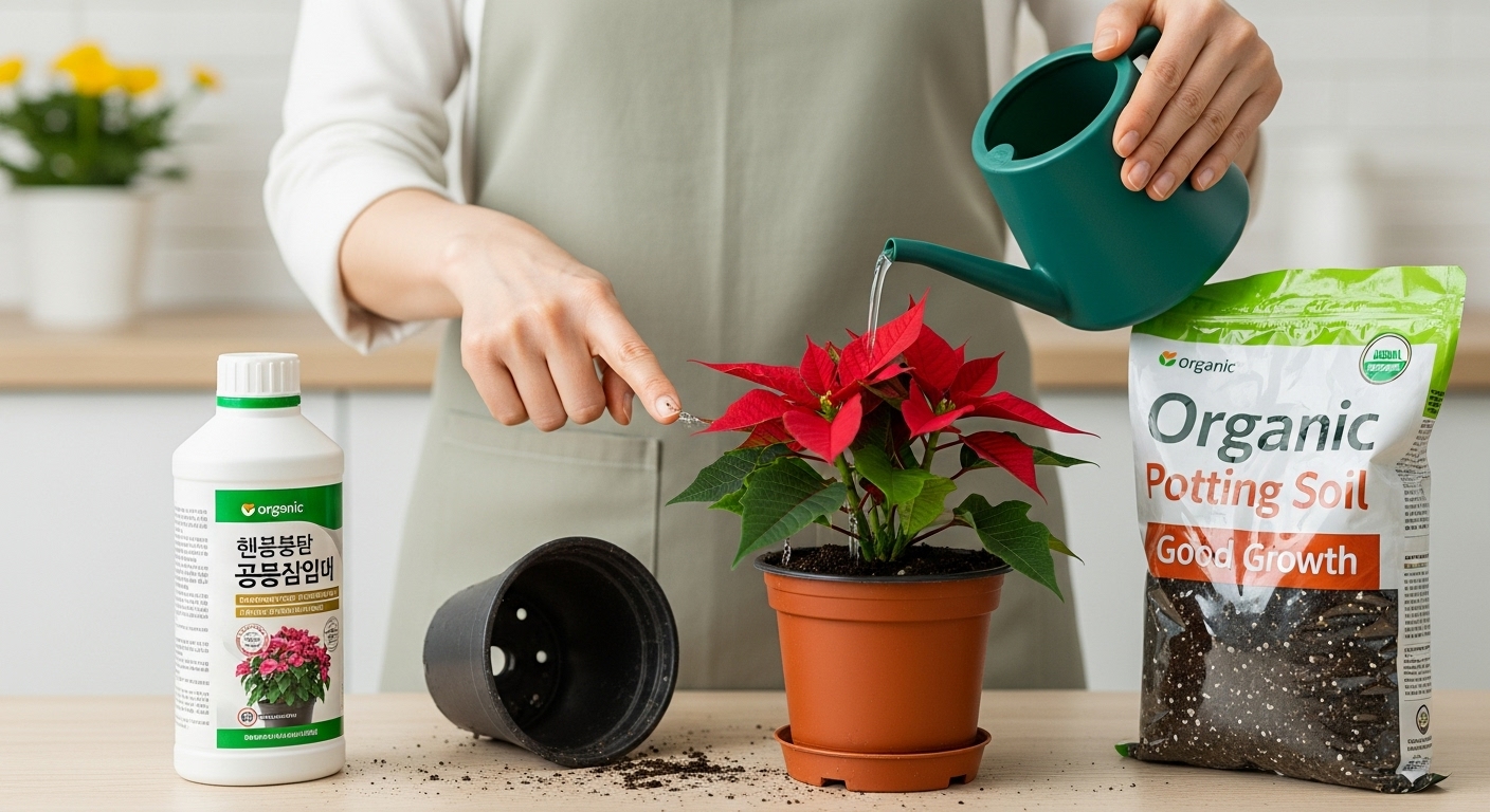 물 주기, 비료, 그리고 분갈이의 과학 - 흙 상태를 확인하며 포인세티아에 물을 주는 한국인 가드너의 손과 주변에 놓인 비료, 화분, 분갈이 흙