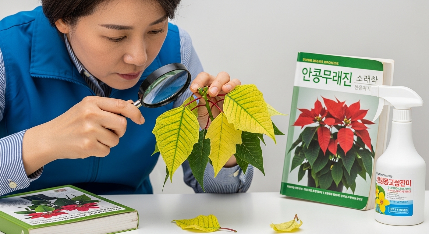 흔한 문제점 진단 및 해결책 - 노란 잎이 있는 포인세티아를 돋보기로 관찰하며 병충해를 확인하는 한국인 가드너