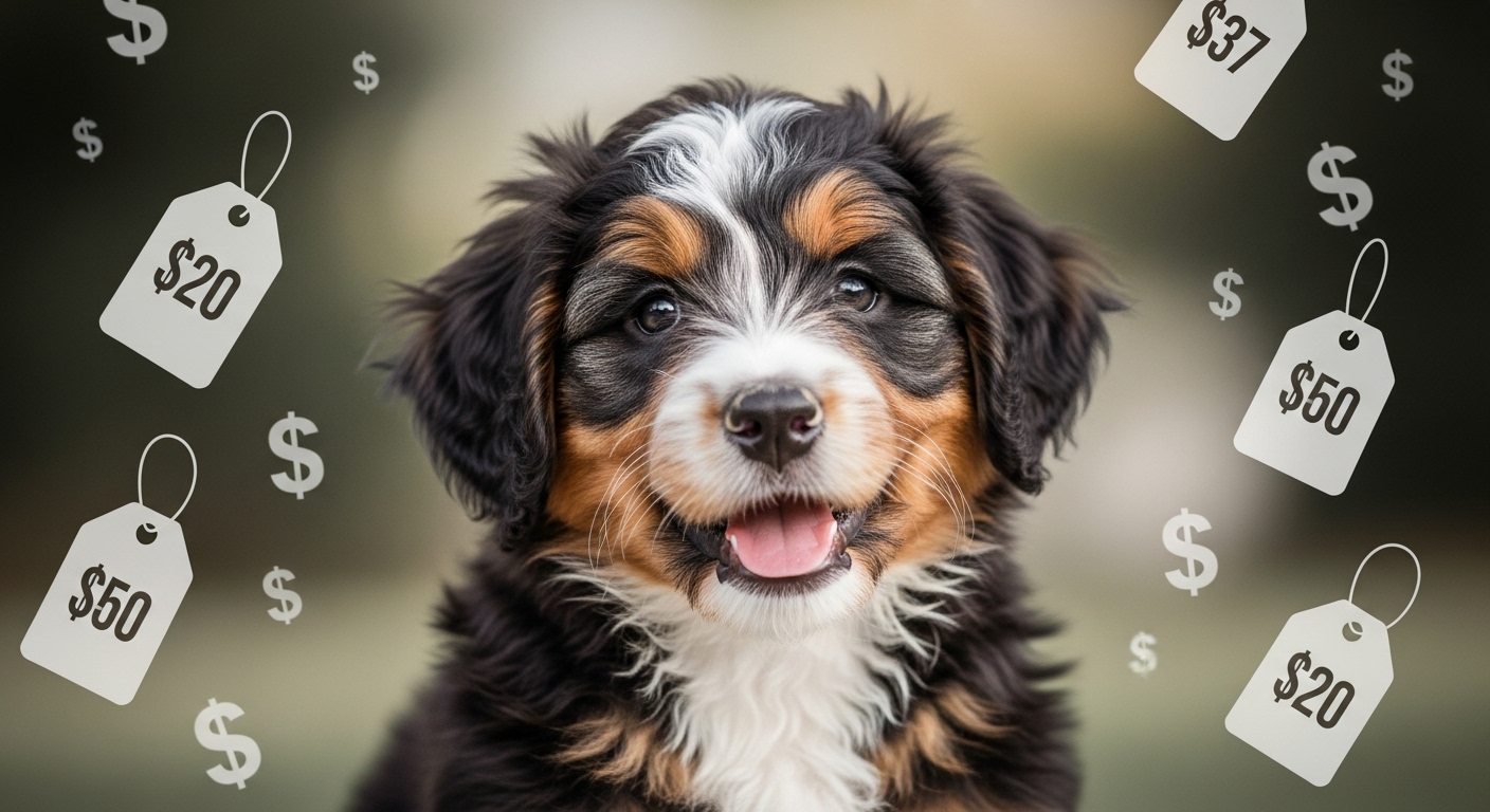 버니두들 입양 가격 2025년 최신 동향 및 결정 요인 - 귀여운 버니두들 강아지가 가격표와 달러 기호에 둘러싸여 입양 비용을 상징하는 모습.