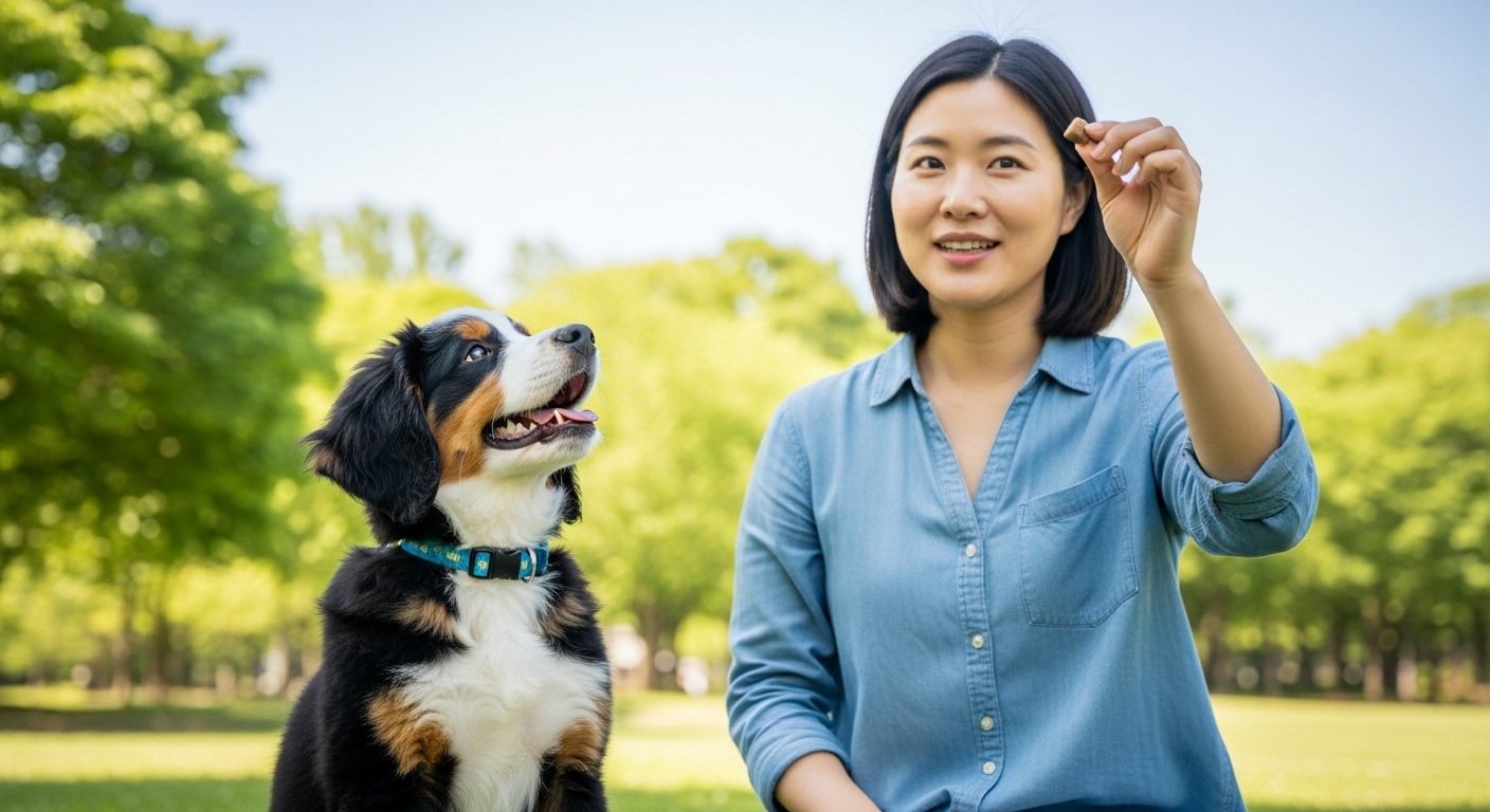 사회화 및 훈련으로 행복한 반려 생활 시작하기 - 한국인 견주와 버니두들 강아지가 공원에서 간식을 보며 훈련하는 행복한 모습.