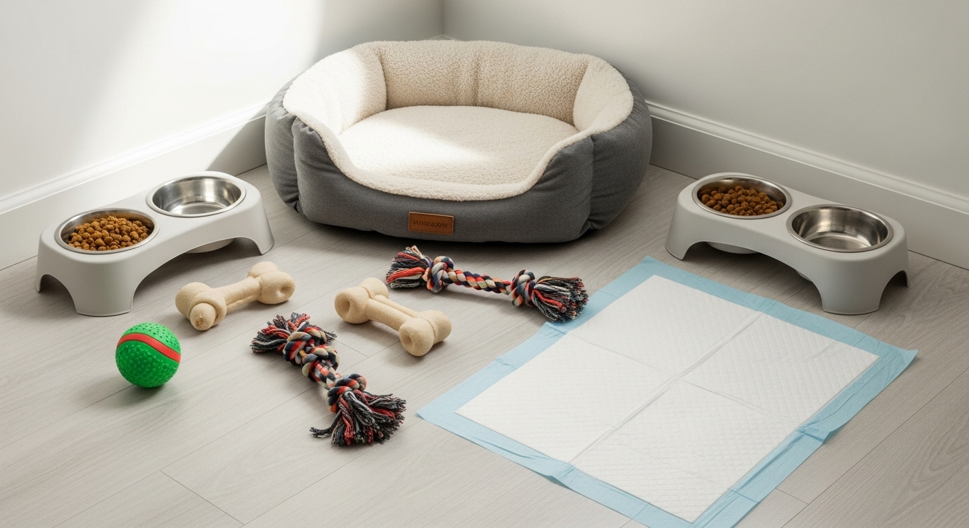버니두들 입양 전후 준비물 및 법적 고려사항 - 새끼 버니두들을 위한 집안의 아늑한 공간에 사료, 식기, 장난감 등이 준비된 모습.