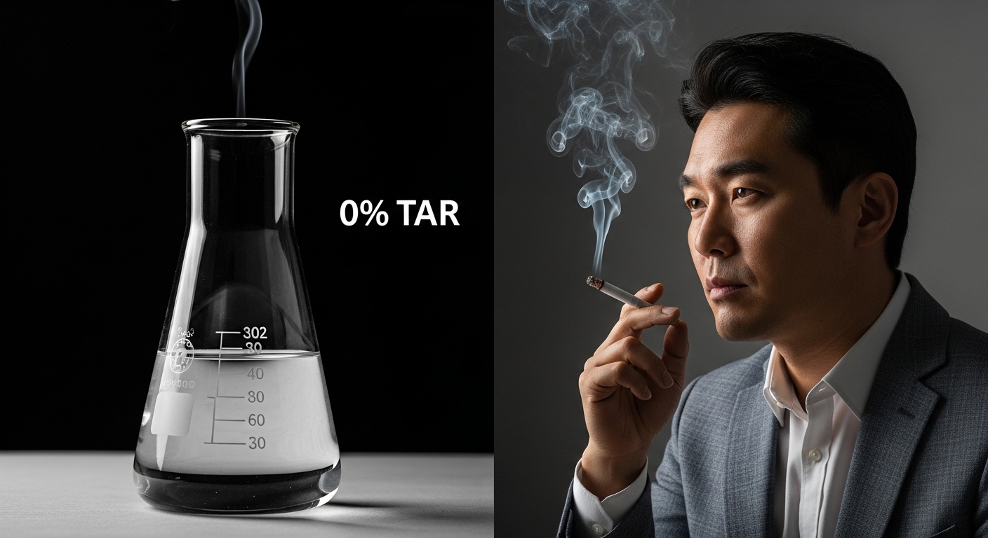 레딜 제로와 '타르 0%'의 과학적 의미: 진실과 오해 - 한 남성이 '0% TAR'이 적힌 깨끗한 액체와 담배 연기를 보며 제품의 유해성을 고뇌하는 모습.