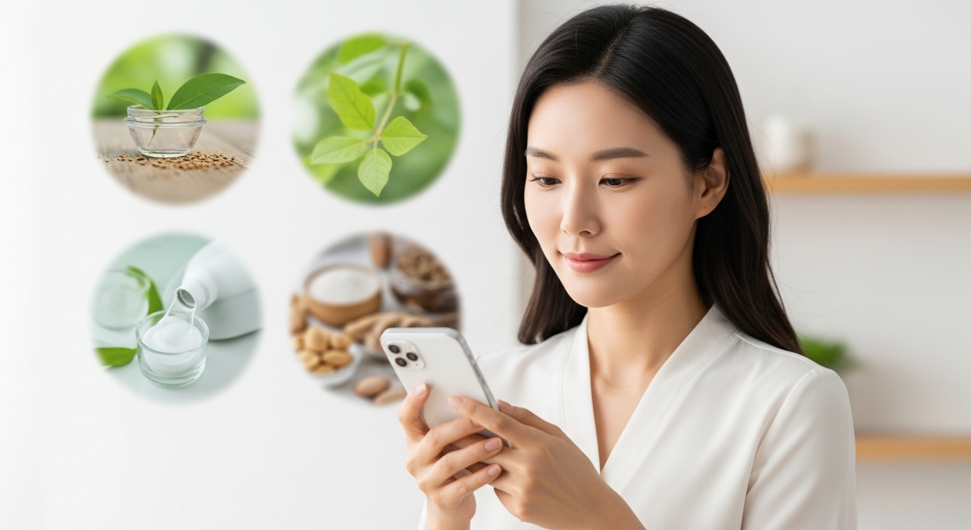 '건강 성분' 강조, 그 배경과 의미는 무엇인가? - 스마트폰으로 제품 성분표를 자세히 살펴보는 여성이 건강한 제품 선택에 집중하는 모습.