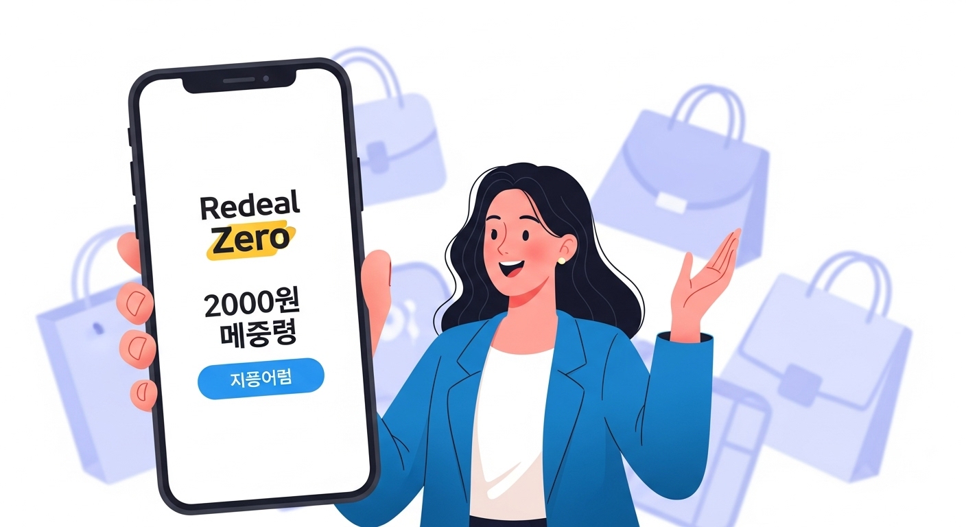 레딜 제로(Redeal Zero)란 무엇이며, 신규 회원 혜택의 중요성 - 한 한국 여성이 '레딜 제로' 앱과 '2000원 할인쿠폰' 문구가 있는 스마트폰을 기뻐하며 들고 있는 모습. 배경에는 다양한 쇼핑 아이템들이 흐릿하게 보인다.