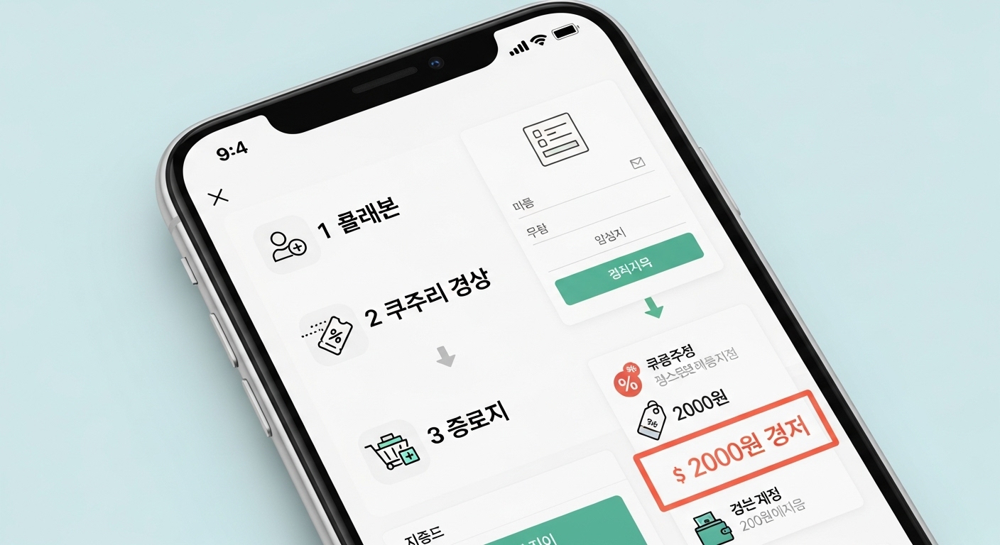 2000원 할인쿠폰 상세 분석 및 적용 방법 - 스마트폰 화면에 레딜 제로 회원 가입 및 2000원 할인쿠폰 적용 과정을 단계별로 보여주는 상세 인포그래픽. 등록, 쿠폰 다운로드, 결제 아이콘이 명확하게 표시되어 있다.